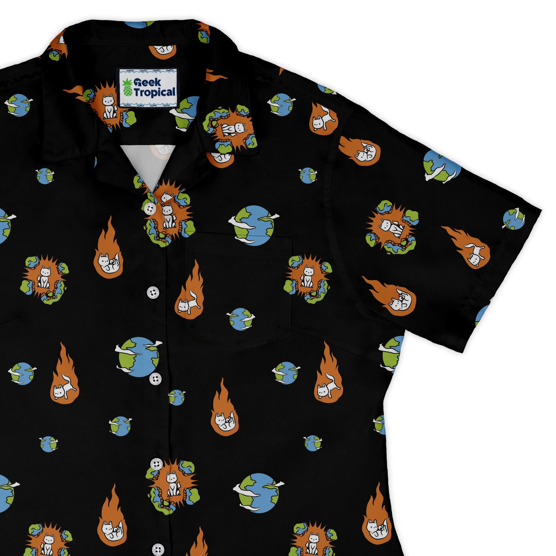 Cat Meteor Shower Space Curvy Button Up Shirt Geek Nerd Animal Patterns Design by Tobe Fonseca Funny Prints