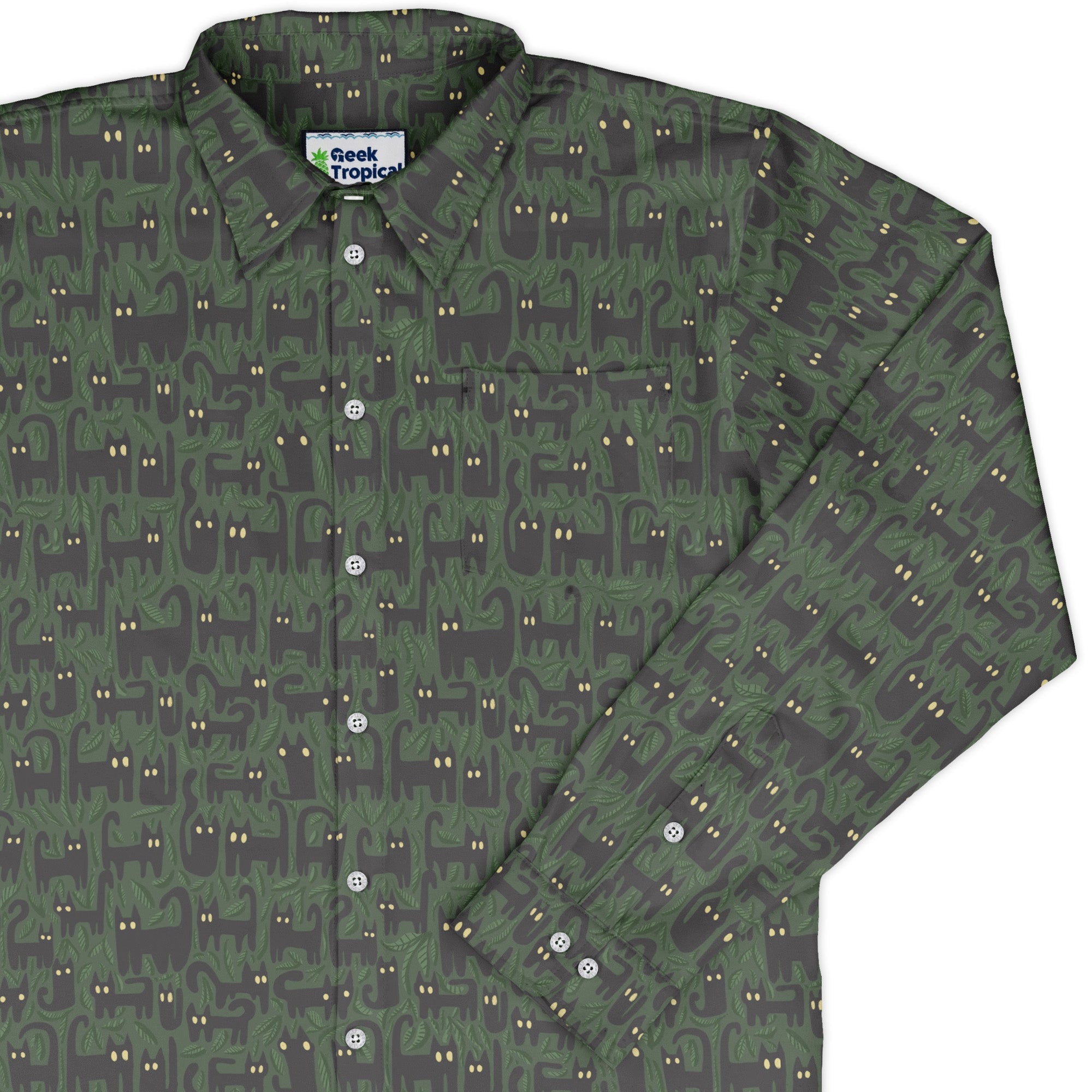 Cats in the Leaves Long Sleeve Button Up Shirt Geek Nerd adult sizing botany print Design by Heather Davenport