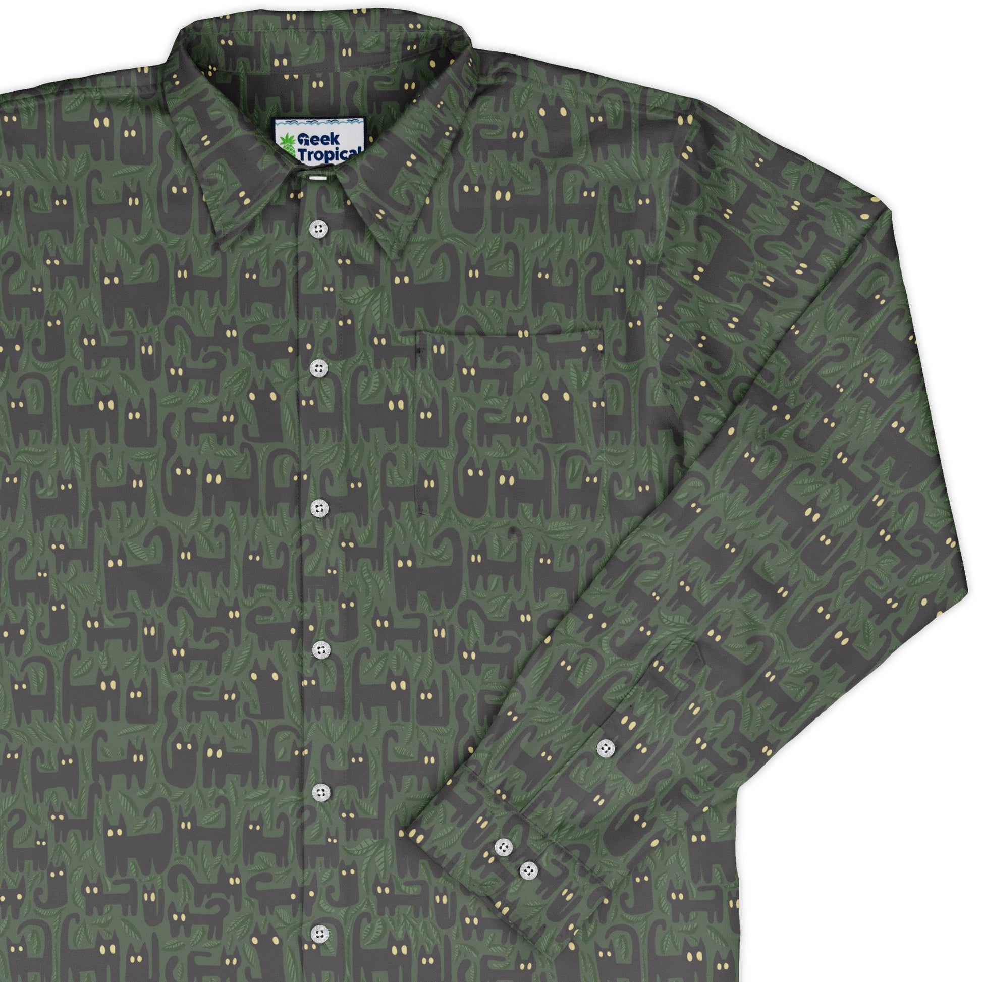 Cats in the Leaves Long Sleeve Button Up Shirt Geek Nerd adult sizing botany print Design by Heather Davenport
