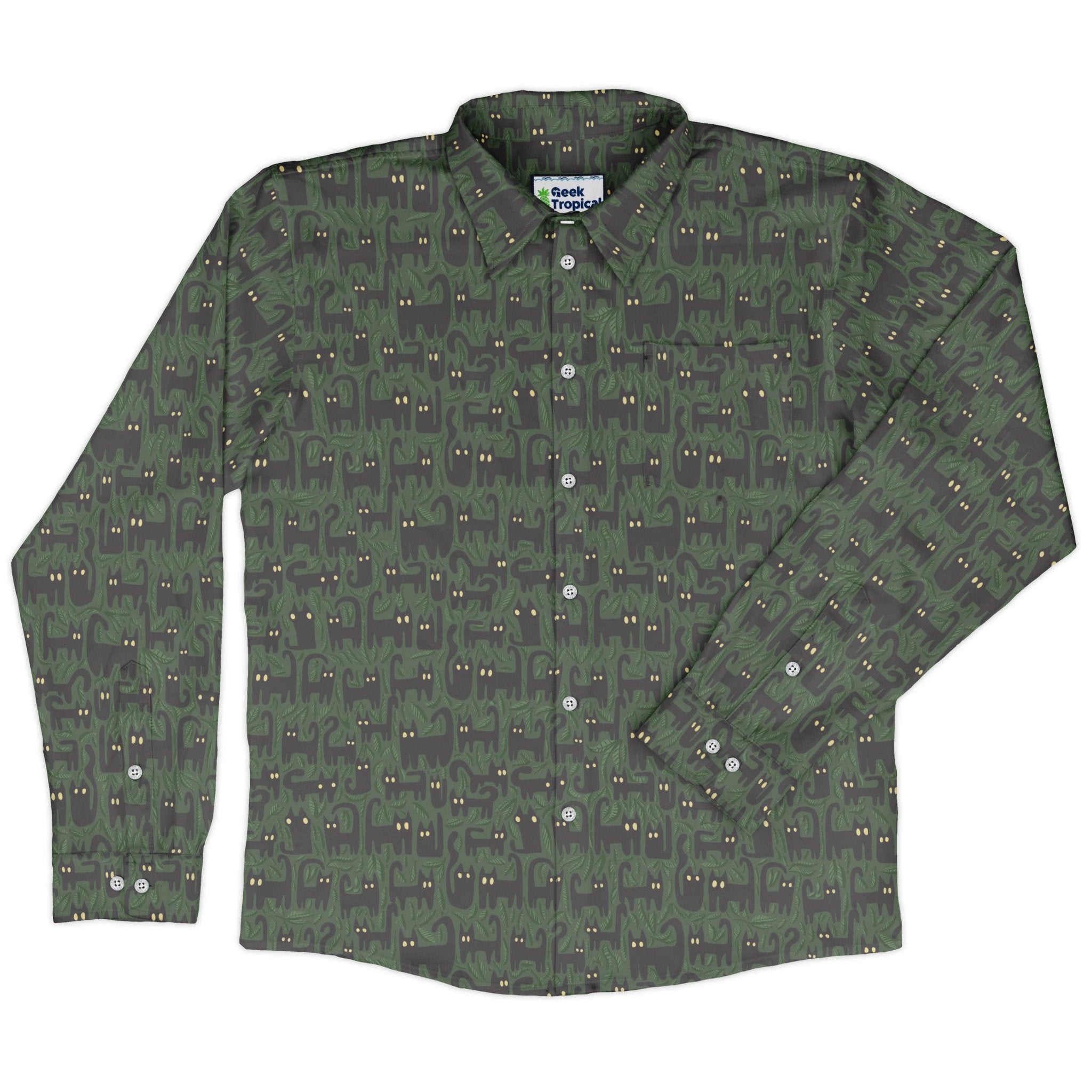 Cats in the Leaves Long Sleeve Button Up Shirt Geek Nerd adult sizing botany print Design by Heather Davenport