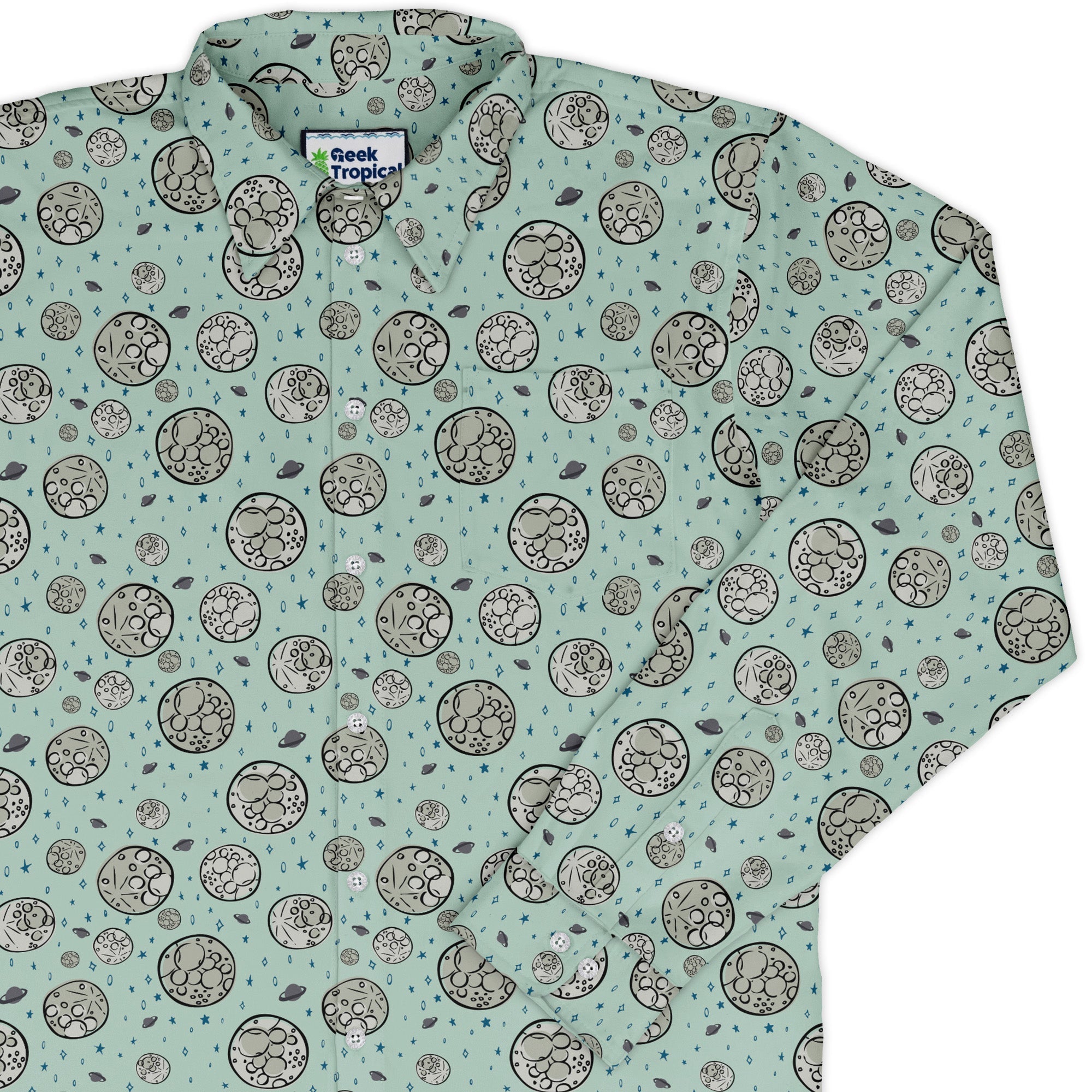 Cheesy Moon Long Sleeve Button Up Shirt Geek Nerd adult sizing Design by Zirkus Design FLOW DESC WRITING