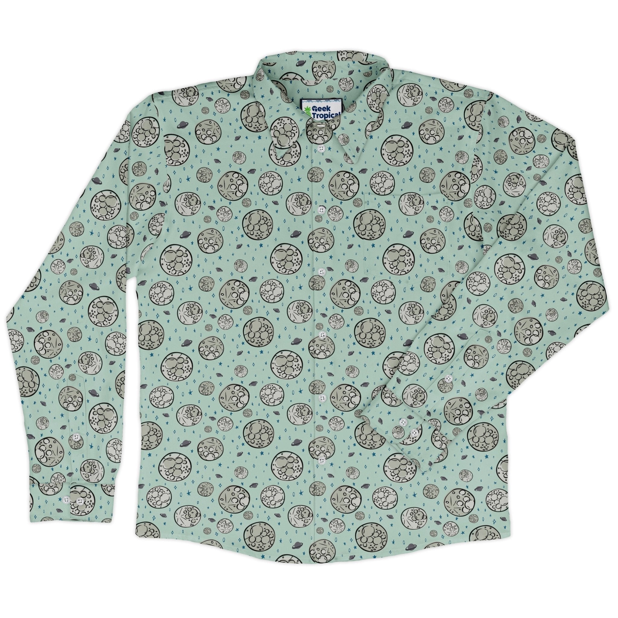 Cheesy Moon Long Sleeve Button Up Shirt Geek Nerd adult sizing Design by Zirkus Design FLOW DESC WRITING