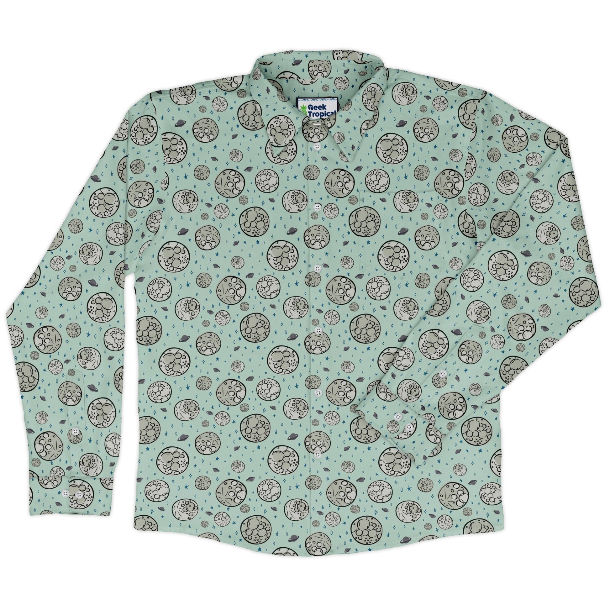 Cheesy Moon Long Sleeve Button Up Shirt Geek Nerd adult sizing Design by Zirkus Design FLOW DESC WRITING