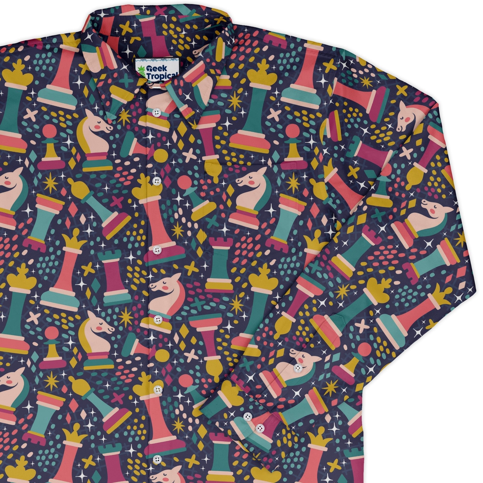 Chess Colorful Chess Pieces Blue Long Sleeve Button Up Shirt Geek Nerd adult sizing board game print FLOW DESC WRITING
