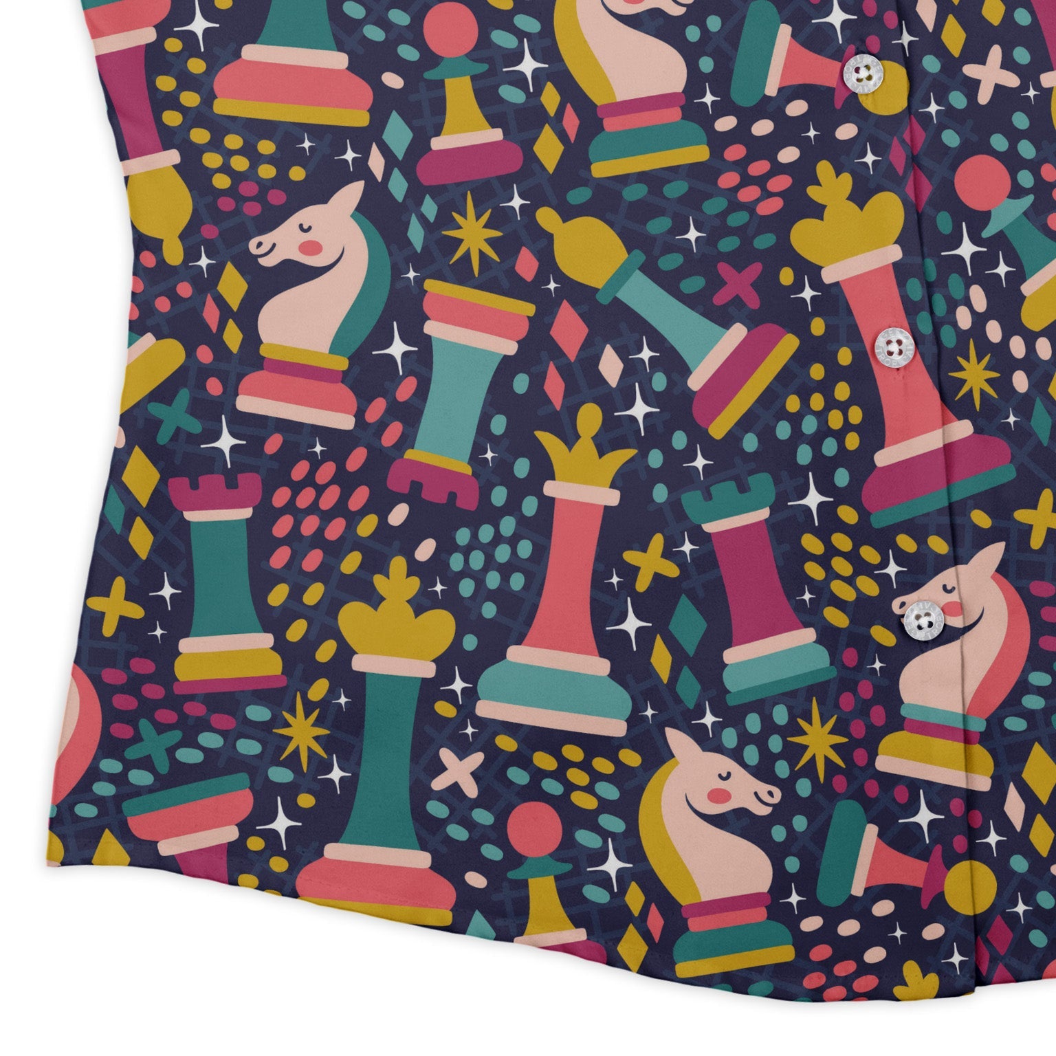 Chess Colorful Chess Pieces Blue Curvy Button Up Shirt Geek Nerd board game print Maximalist Patterns women