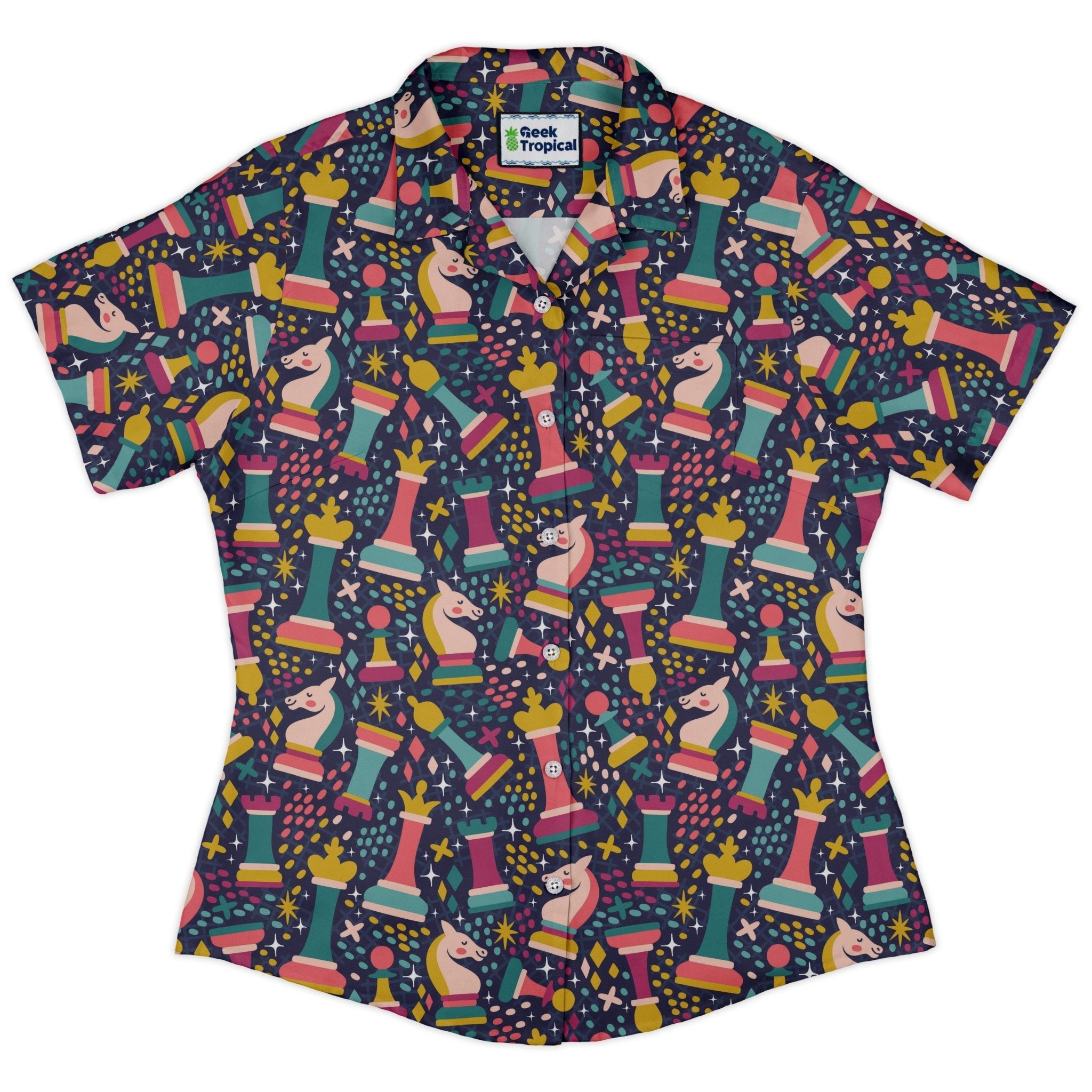 Chess Colorful Chess Pieces Blue Curvy Button Up Shirt Geek Nerd board game print Maximalist Patterns women