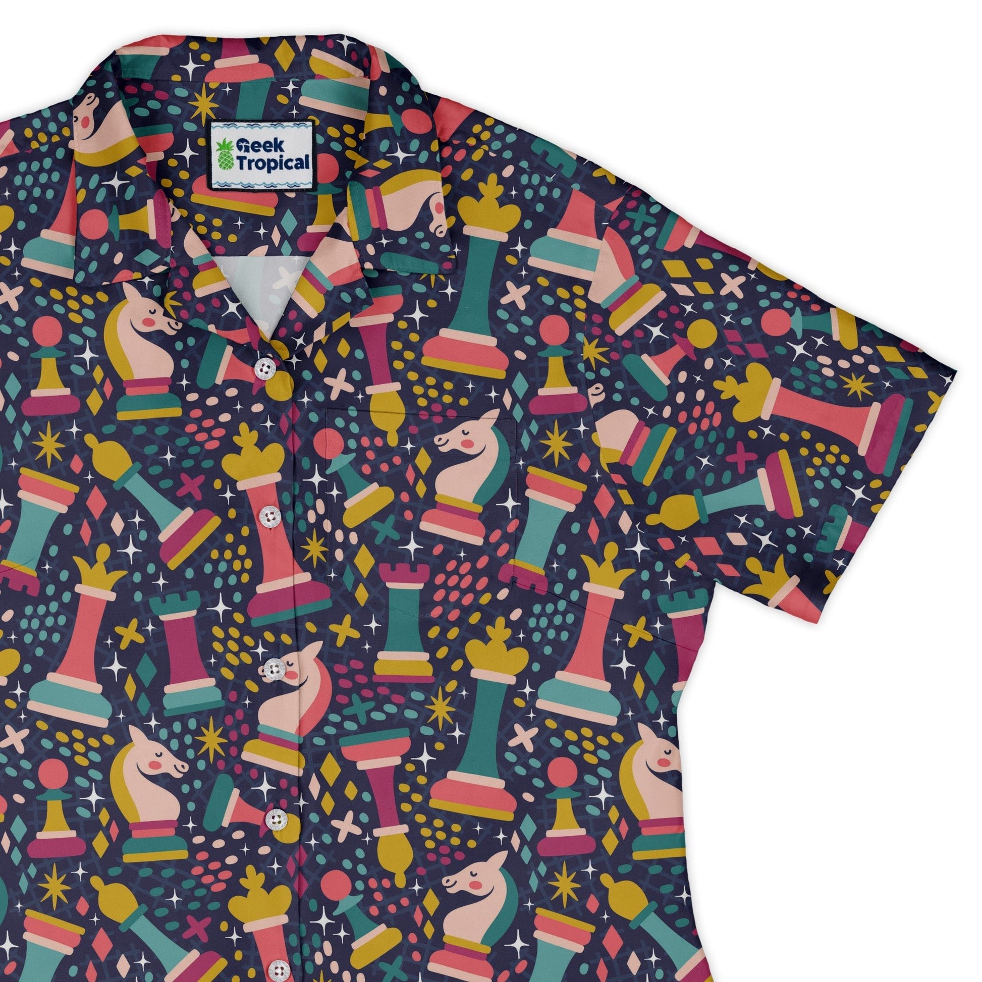 Chess Colorful Chess Pieces Blue Curvy Button Up Shirt Geek Nerd board game print Maximalist Patterns women