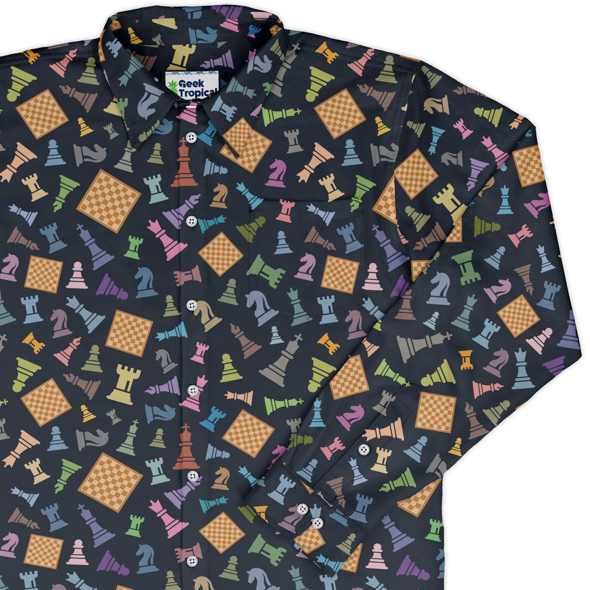 Chess Colorful Pieces Board Blue Long Sleeve Button Up Shirt Geek Nerd adult sizing board game print