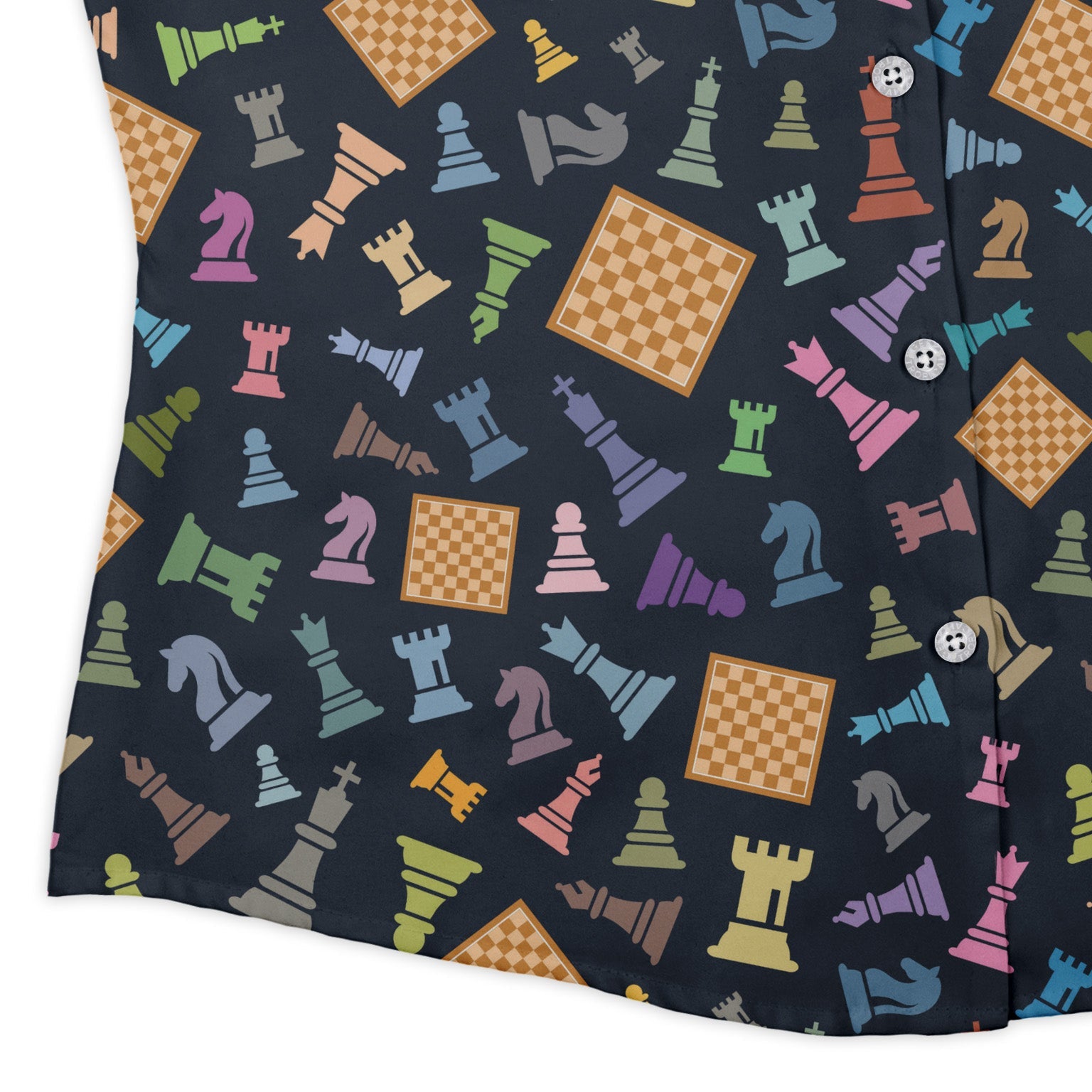 Chess Colorful Pieces Board Blue Curvy Button Up Shirt Geek Nerd board game print women