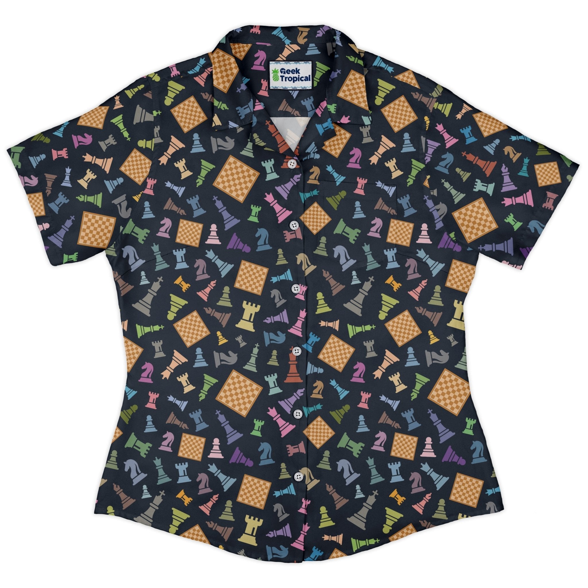 Chess Colorful Pieces Board Blue Curvy Button Up Shirt Geek Nerd board game print women