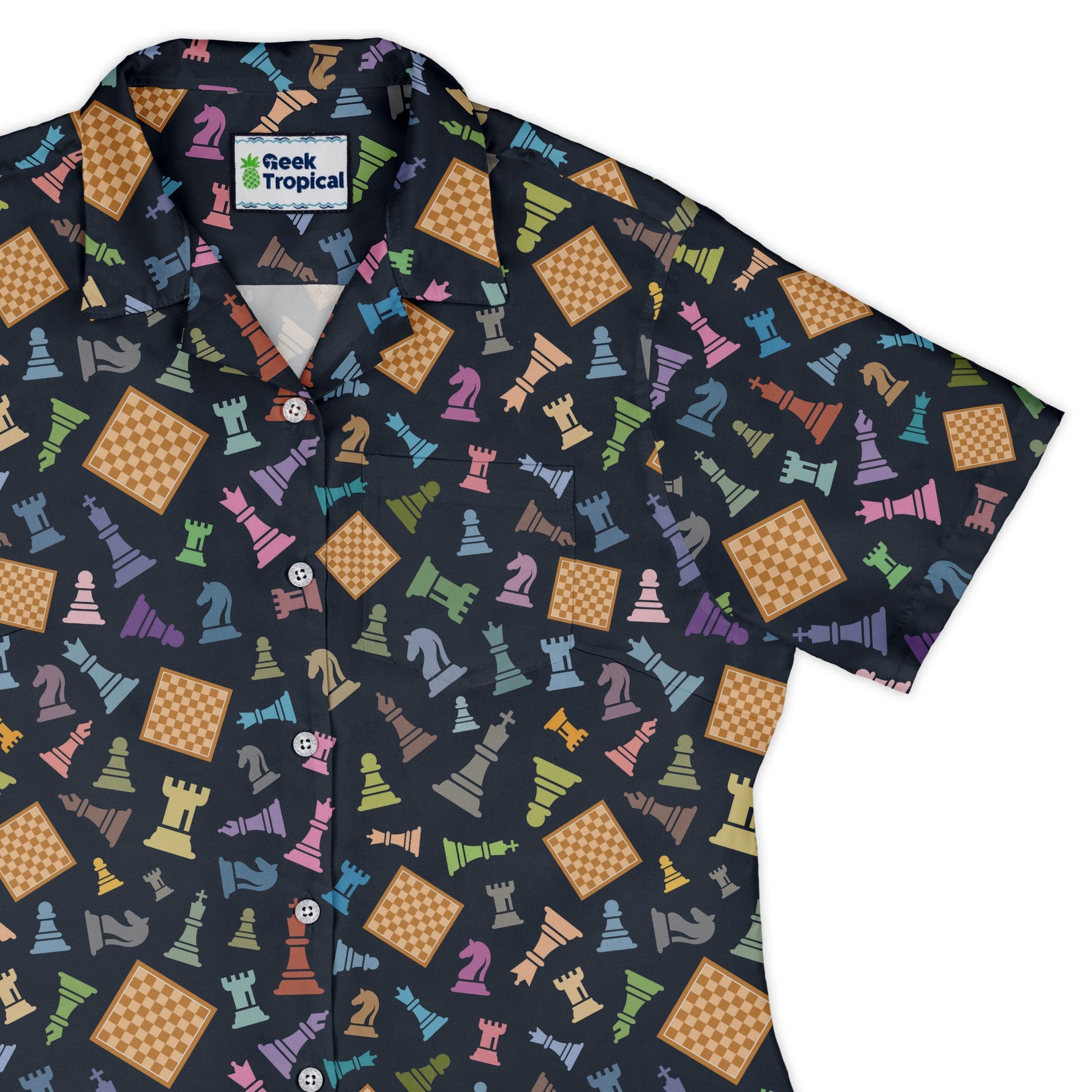Chess Colorful Pieces Board Blue Curvy Button Up Shirt Geek Nerd board game print women