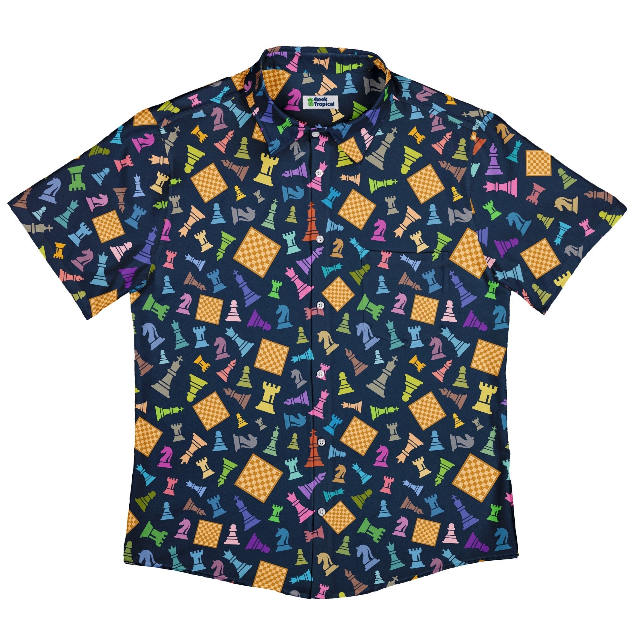 Chess Colorful Pieces Board Blue Button Up Shirt - adult sizing - board game print -