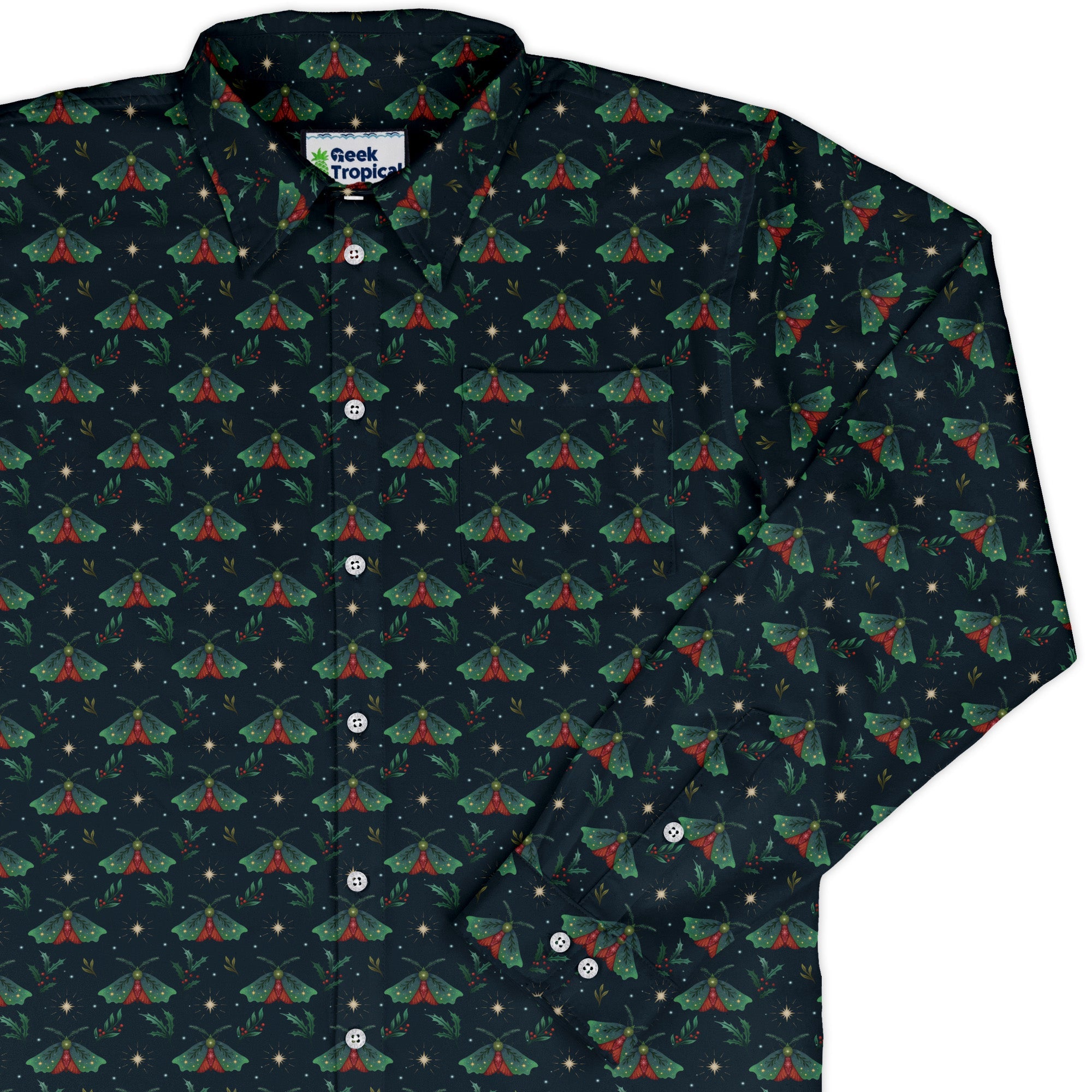 Christmas Moths Long Sleeve Button Up Shirt Geek Nerd adult sizing Botany Print Christmas Print