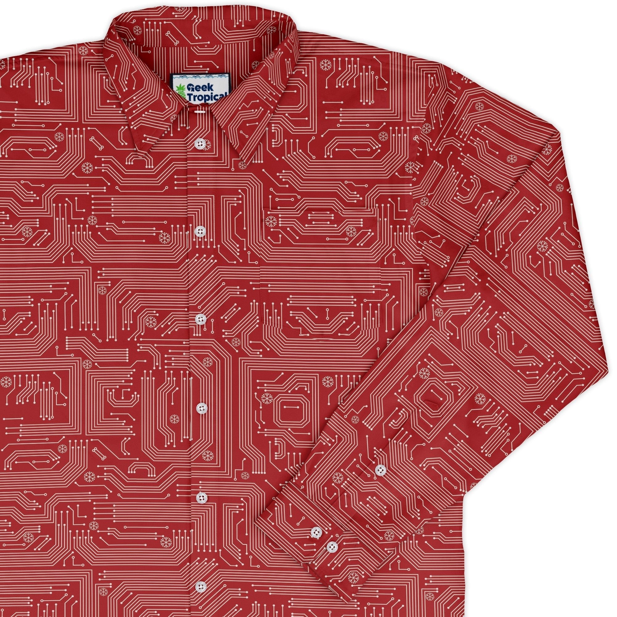Christmas Red Computer Circuit Board Long Sleeve Button Up Shirt Geek Nerd adult sizing Christmas Print computer print
