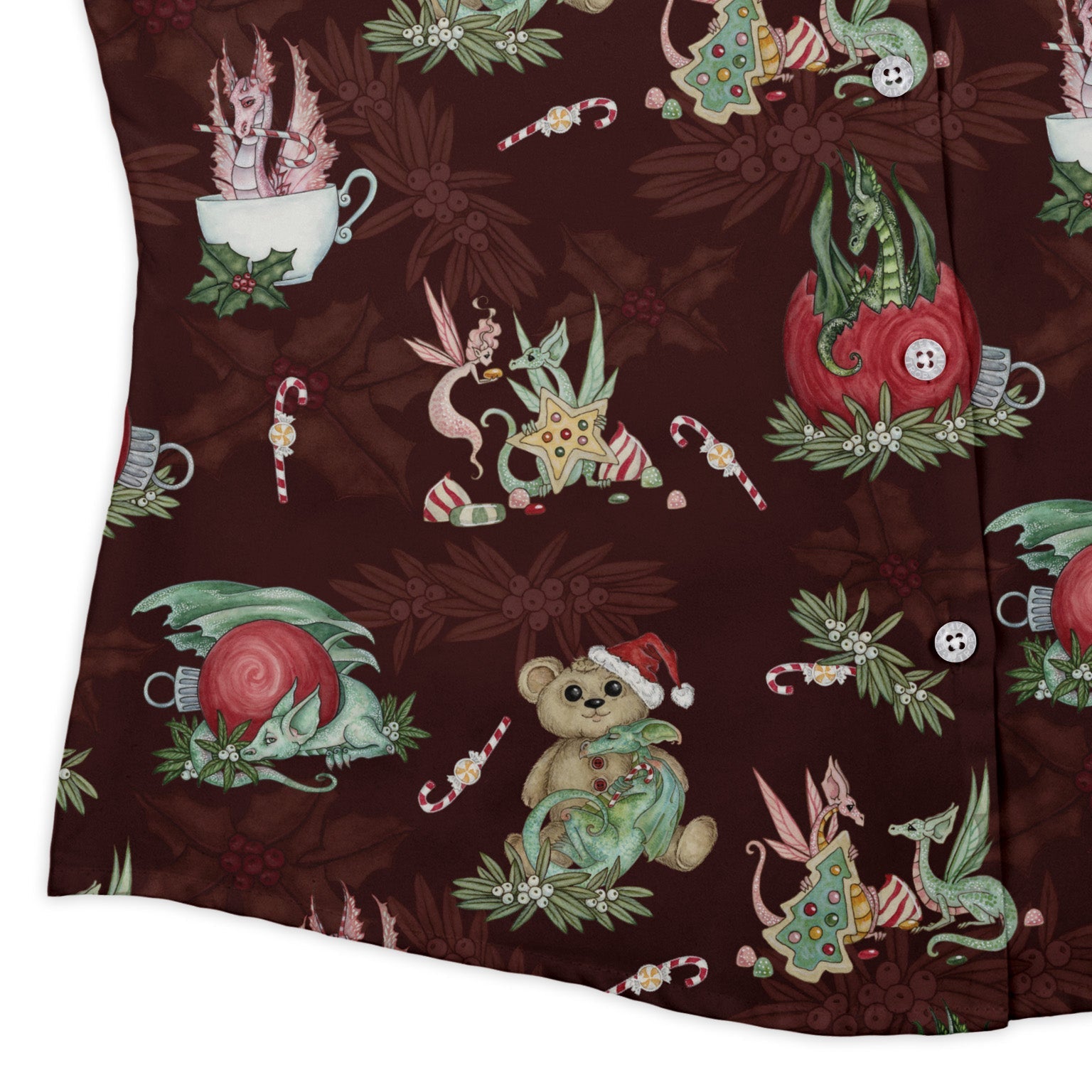 Christmas Time with Dragons Curvy Button Up Shirt Geek Nerd Christmas Print Design by Amy Brown Fantasy Prints