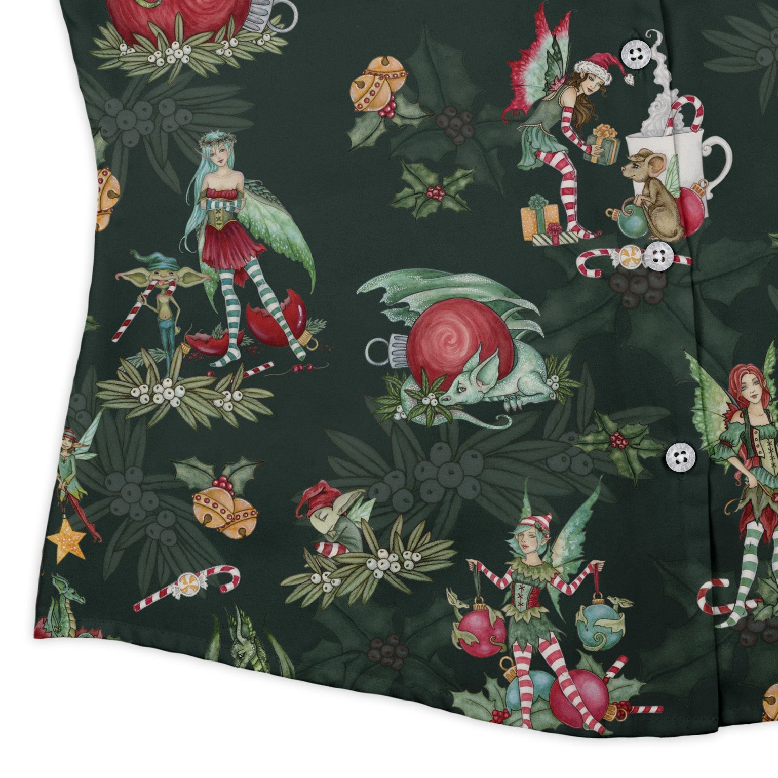 Christmas Time with Fantasy Creatures Curvy Button Up Shirt Geek Nerd Christmas Print Design by Amy Brown Fantasy Prints