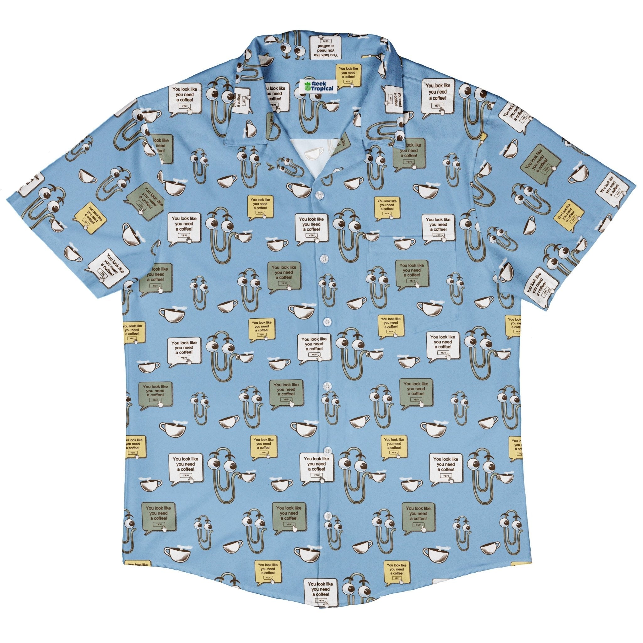 Clippy Coffee Button Up Shirt Geek Nerd 0925 adult sizing All Adult Button Up Shirts