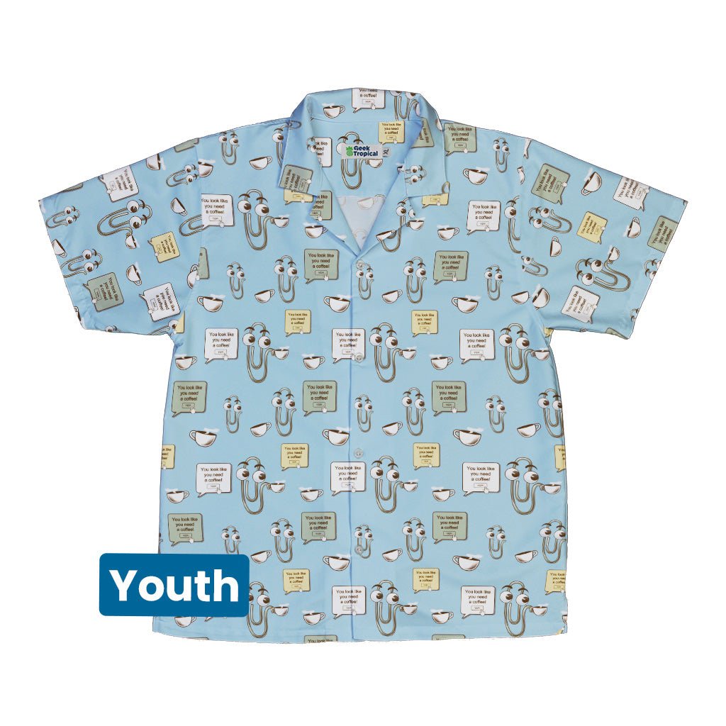 Clippy Coffee Youth Hawaiian Shirt Geek Nerd 0925 computer print FLOW DESC WRITING