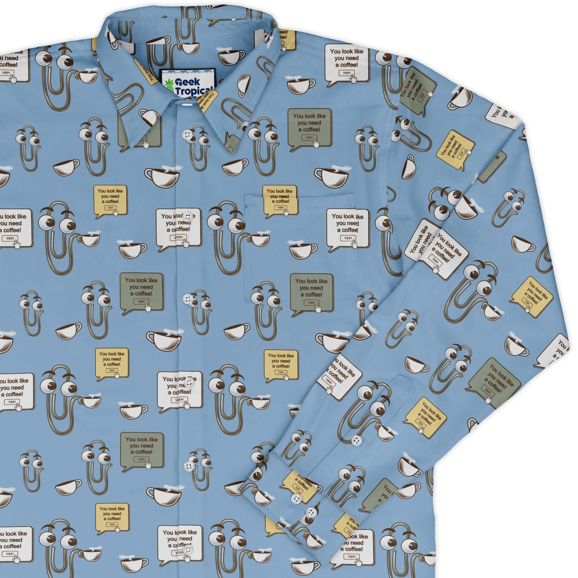 Clippy Coffee Long Sleeve Button Up Shirt Geek Nerd 0925 adult sizing All Adult Button Up Shirts