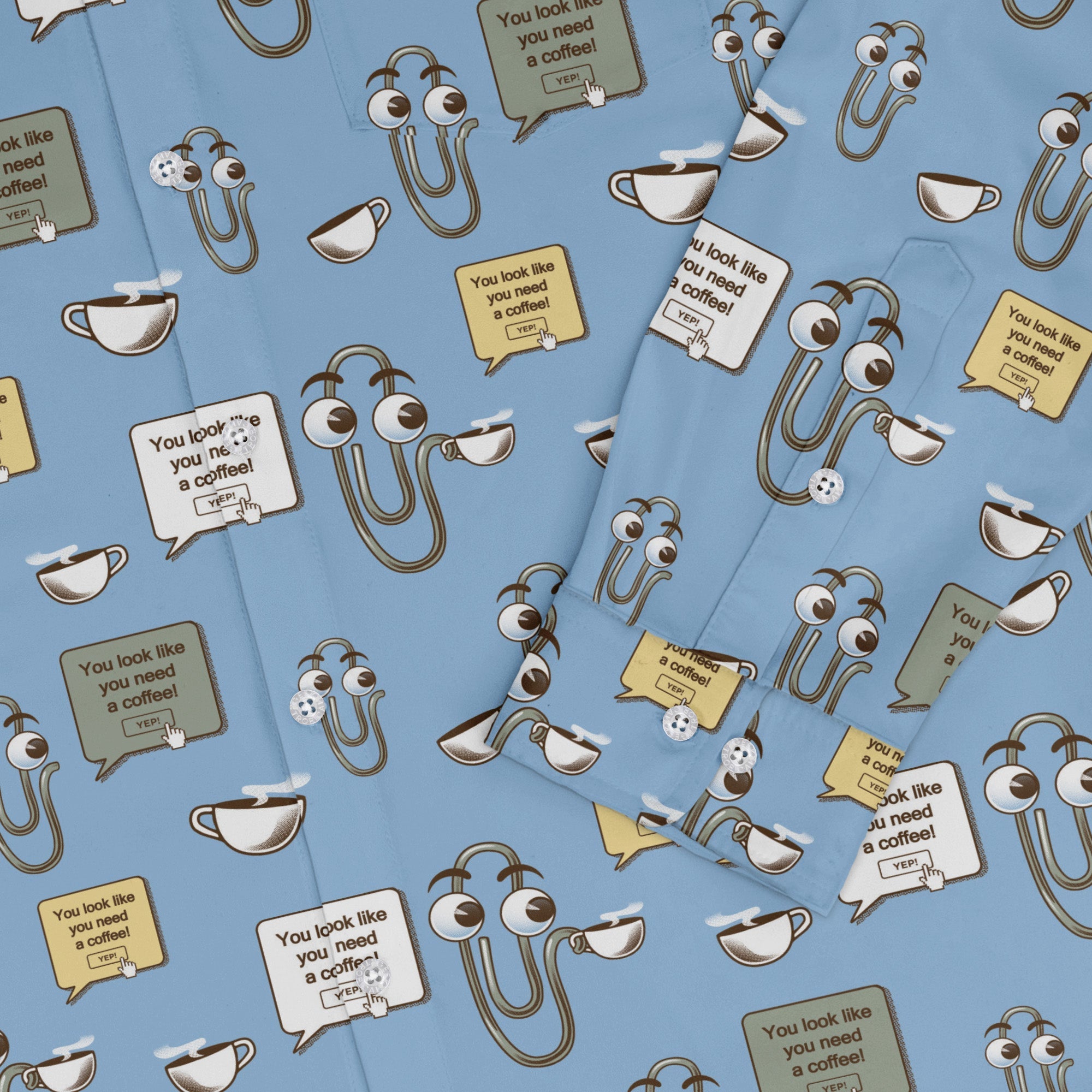 Clippy Coffee Long Sleeve Button Up Shirt Geek Nerd 0925 adult sizing All Adult Button Up Shirts