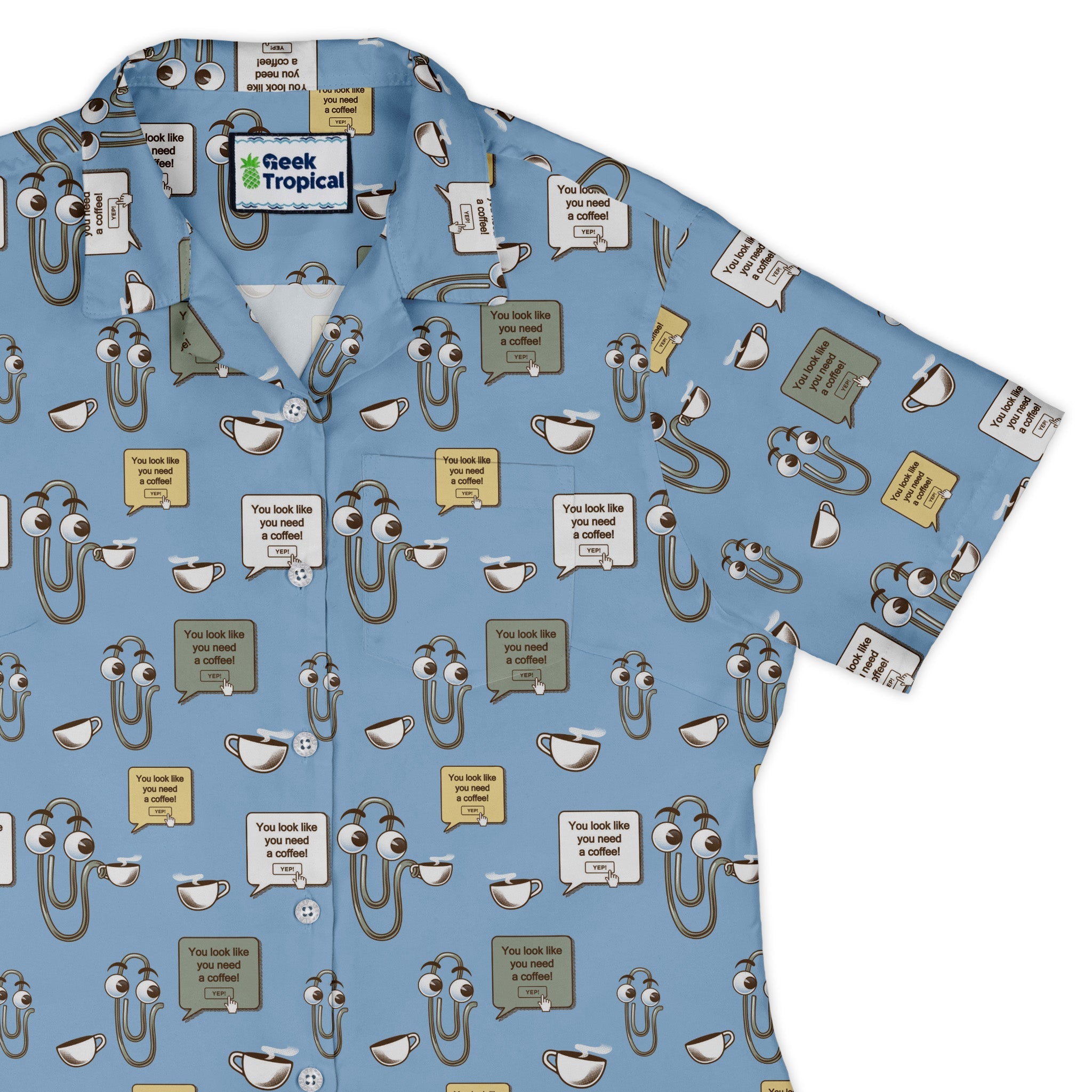 Clippy Coffee Curvy Button Up Shirt Geek Nerd 0925 All Adult Button Up Shirts computer print