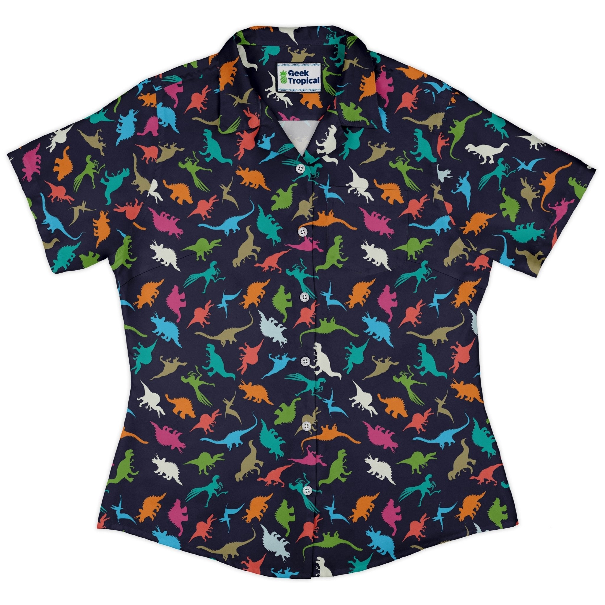 Colorful Dinosaur Silhouettes Navy Curvy Button Up Shirt Geek Nerd dinosaur print Simple Patterns women