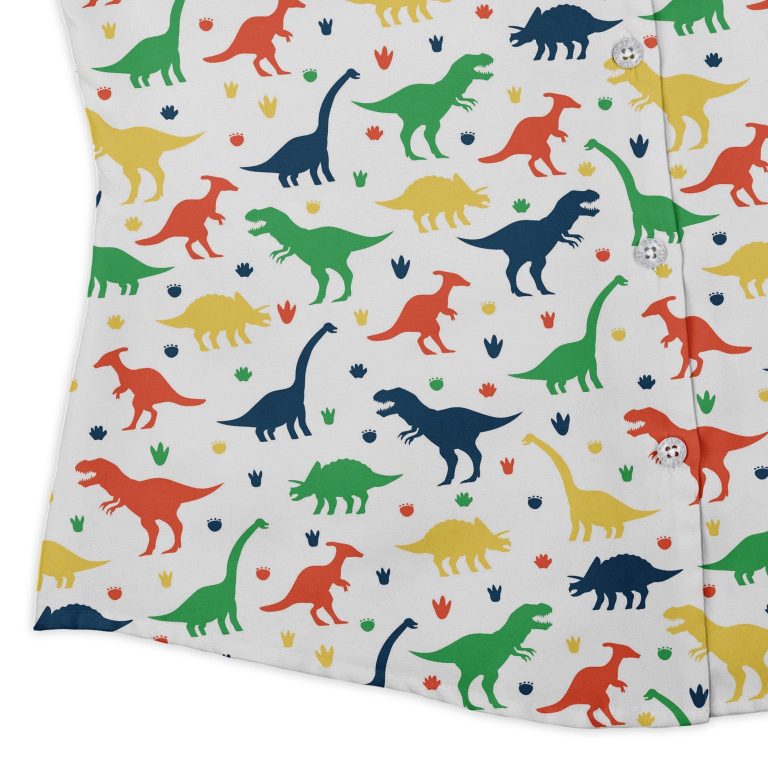 Colorful Dinosaur Silhouettes White Curvy Button Up Shirt Geek Nerd dinosaur print women
