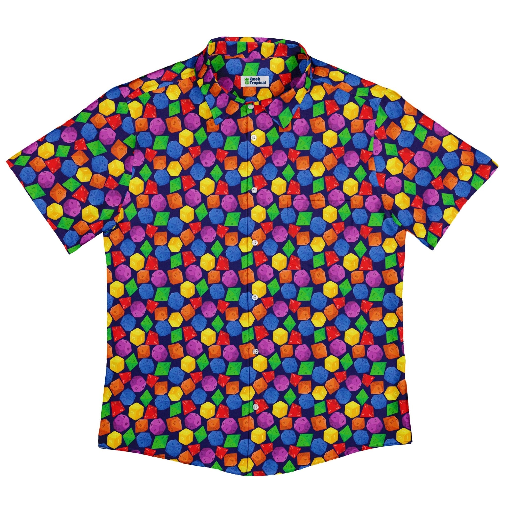 Colorful RPG Dice Pattern Blue Dnd Button Up Shirt - adult sizing - dnd & rpg print - Maximalist Patterns