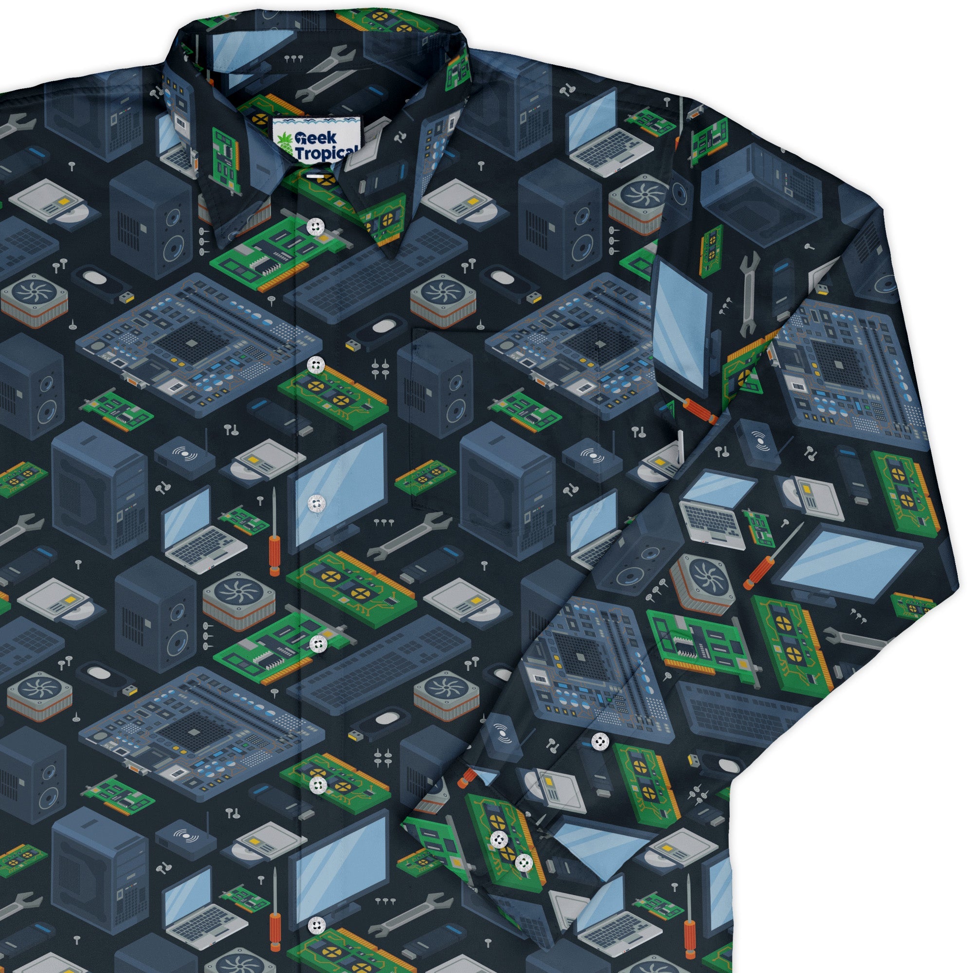 Computer Electronic Parts Dark Navy Long Sleeve Button Up Shirt Geek Nerd adult sizing computer print FLOW DESC WRITING