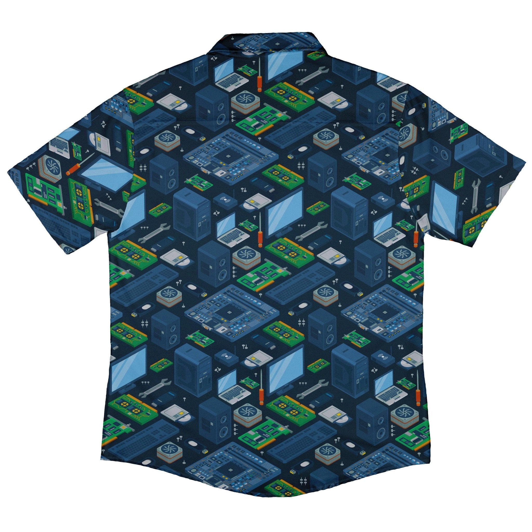Computer Electronic Parts Dark Navy Button Up Shirt - adult sizing - computer print - Maximalist Patterns