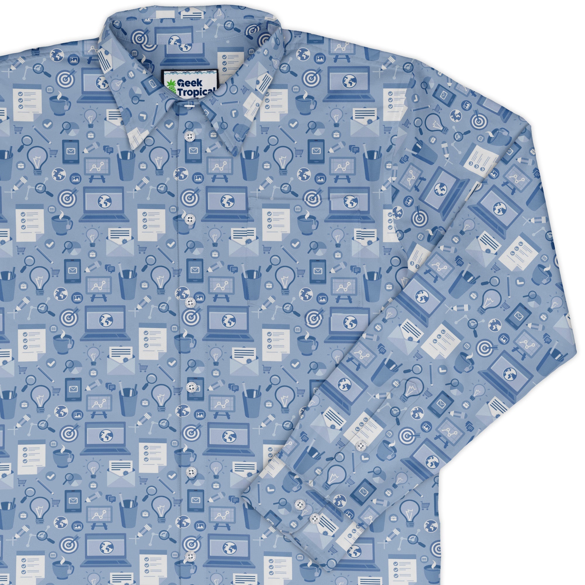 Computer Programmer Life Silver Blue Long Sleeve Button Up Shirt Geek Nerd adult sizing computer print FLOW DESC WRITING