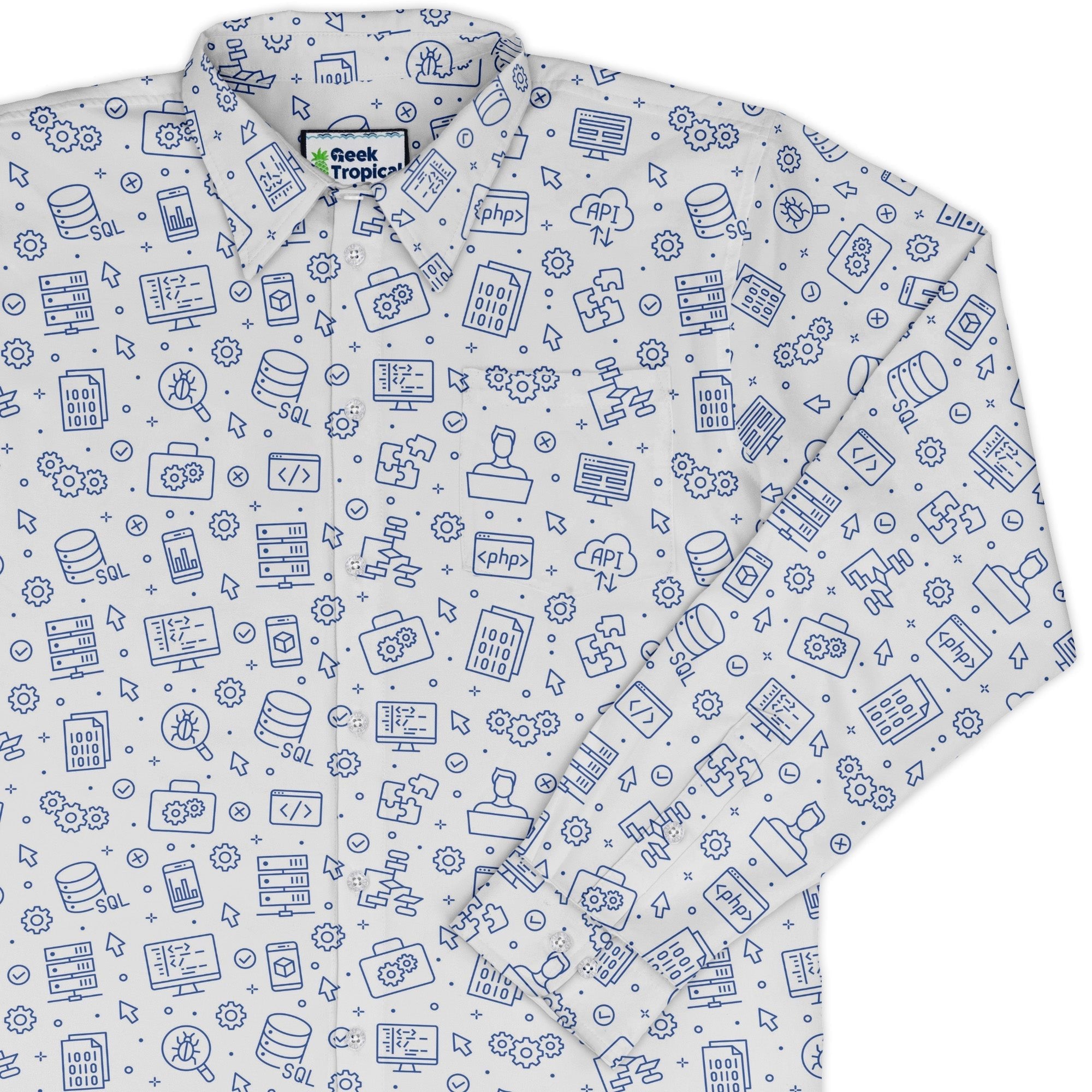 Computer Software Engineer White Long Sleeve Button Up Shirt Geek Nerd adult sizing computer print FLOW DESC WRITING
