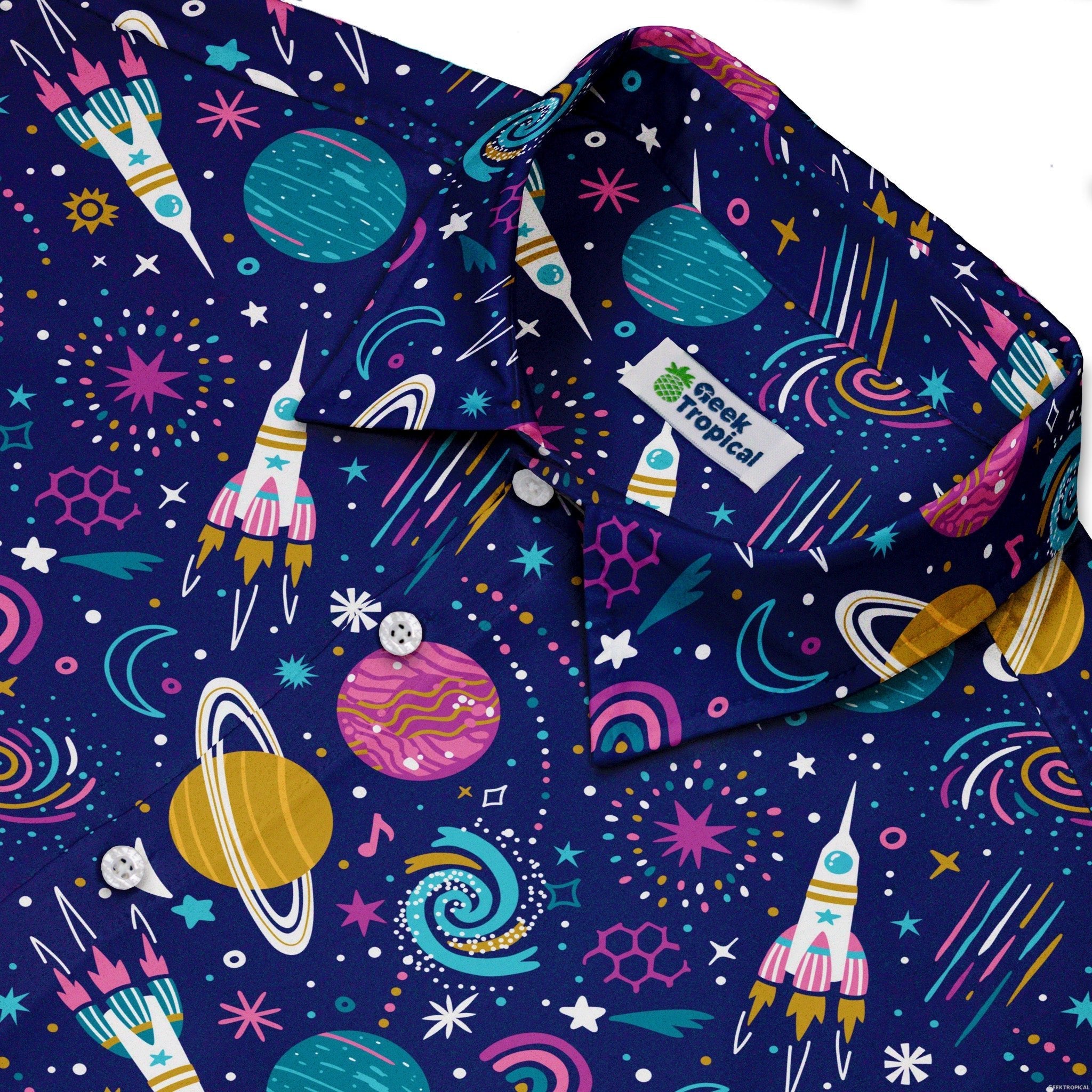 Cosmic Cute Outer Space Button Up Shirt - adult sizing - Maximalist Patterns - outer space & astronaut print