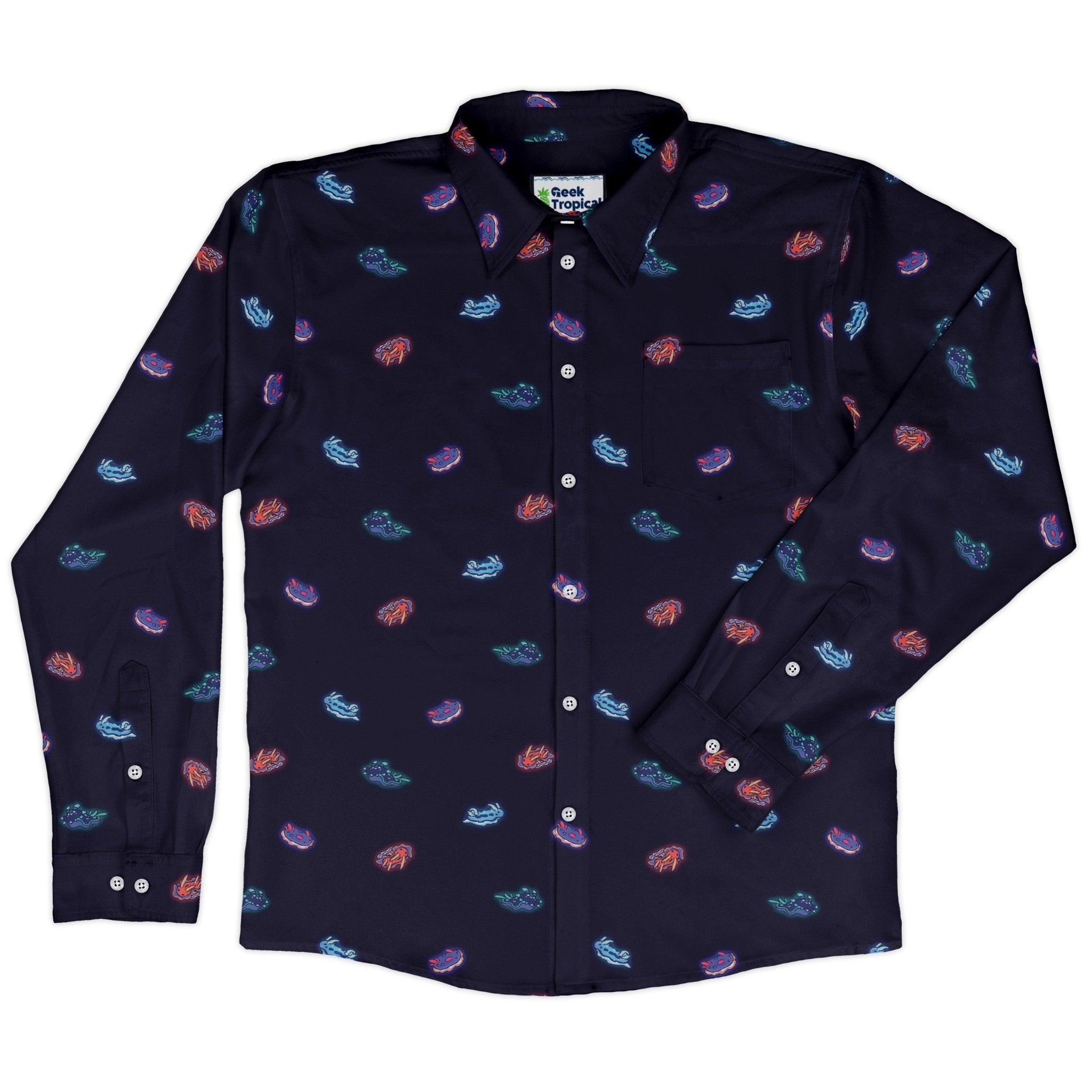 Cute Sea Slugs Long Sleeve Button Up Shirt Geek Nerd adult sizing anime Design by Ardi Tong
