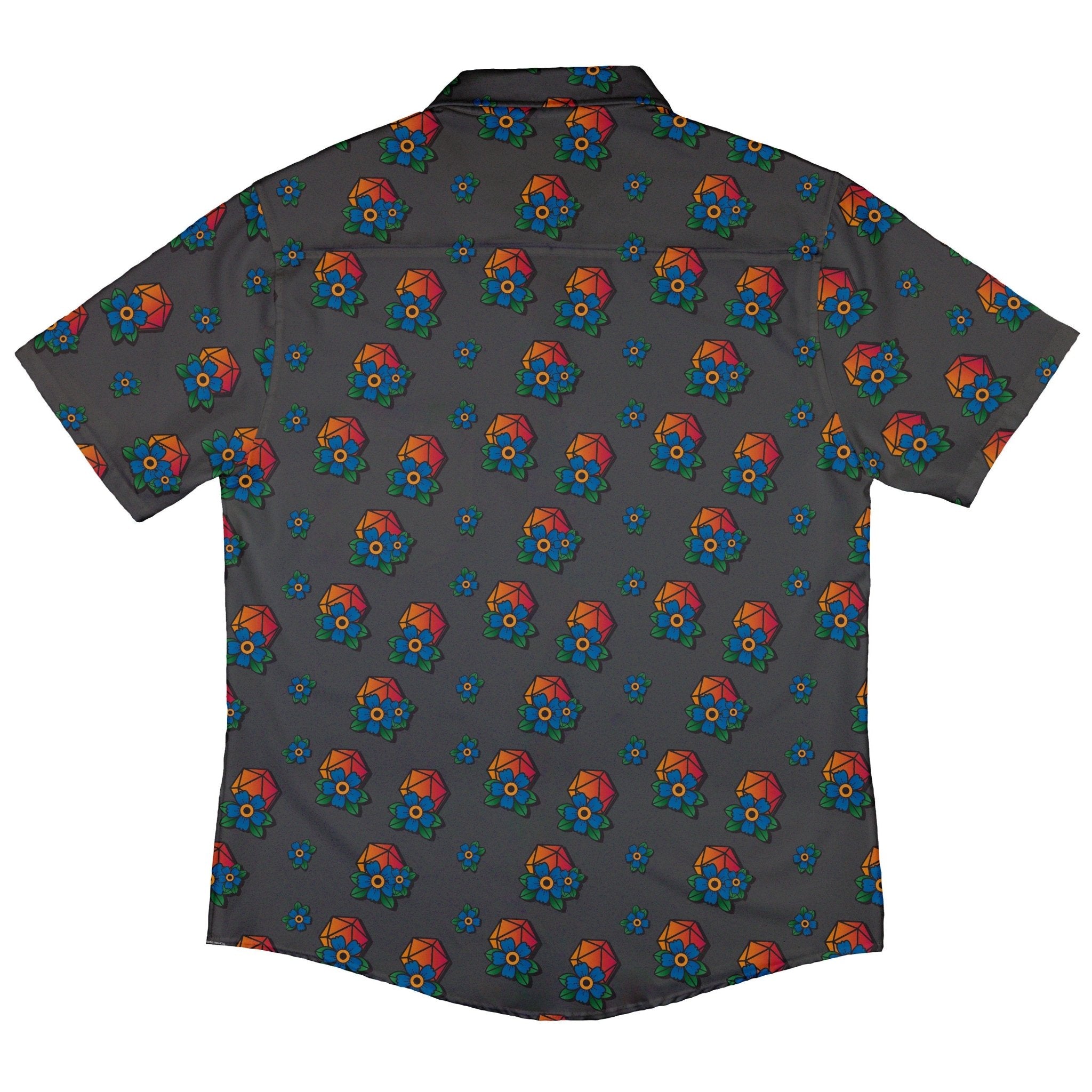 D20 Floral Hawaiian Gray Button Up Shirt - adult sizing - Design by Heather Davenport - dnd & rpg print