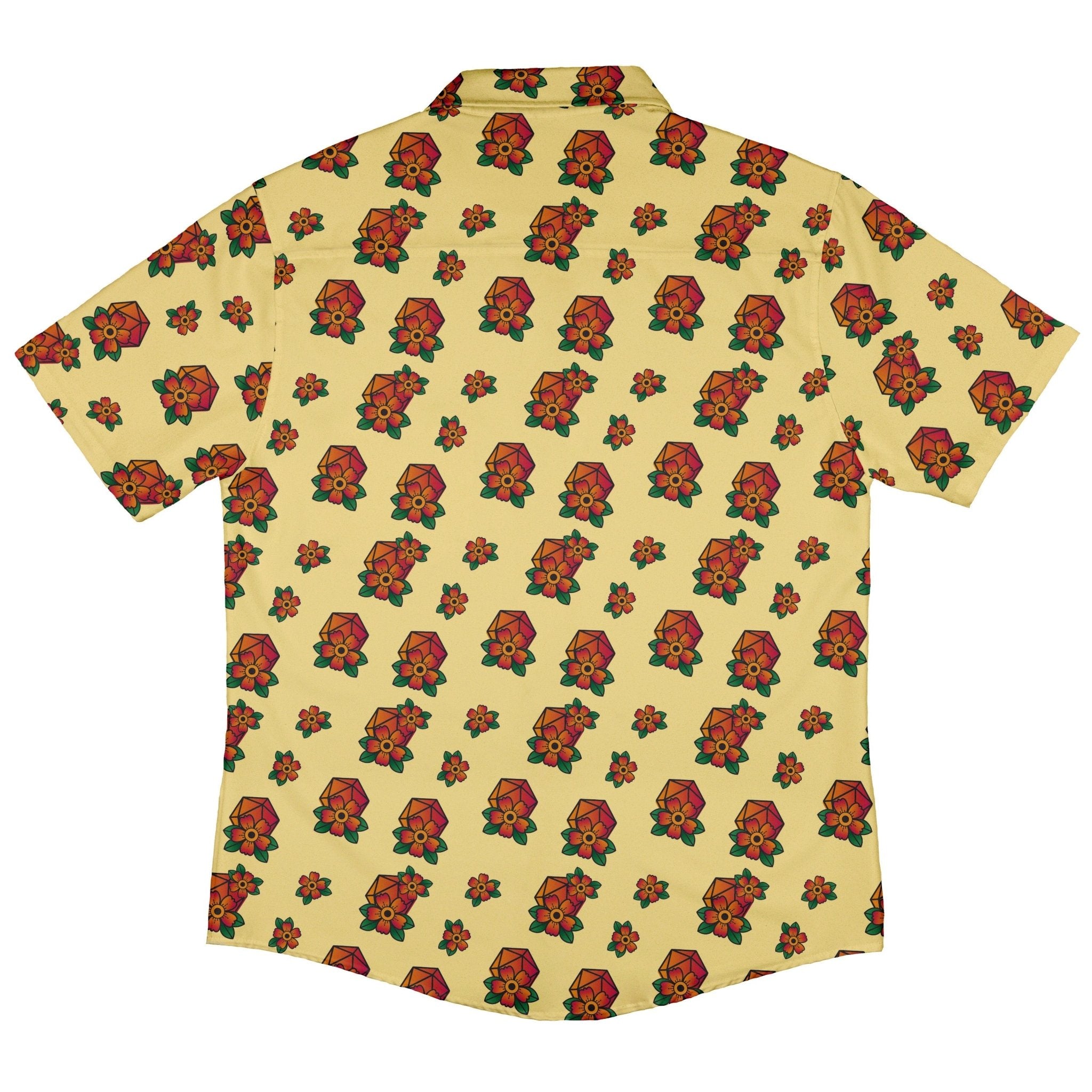 D20 Floral Hawaiian Yellow Button Up Shirt - adult sizing - Design by Heather Davenport - dnd & rpg print