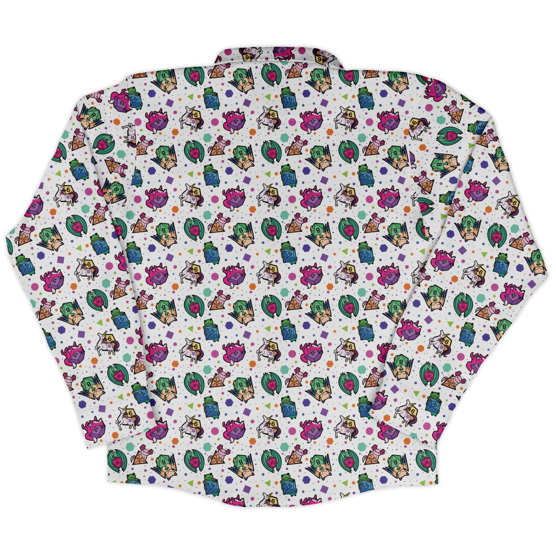 DND Dice Critters Colors Long Sleeve Button Up Shirt Geek Nerd adult sizing Animal Patterns Designed by Rose Khan