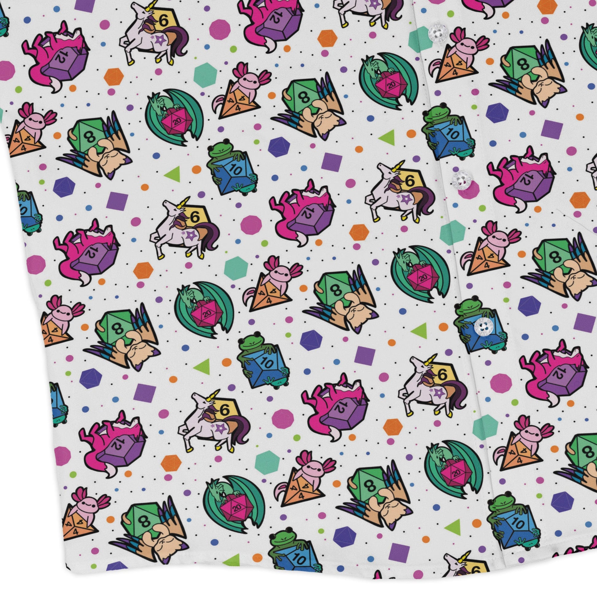 DND Dice Critters Colors Long Sleeve Button Up Shirt Geek Nerd adult sizing Animal Patterns Designed by Rose Khan