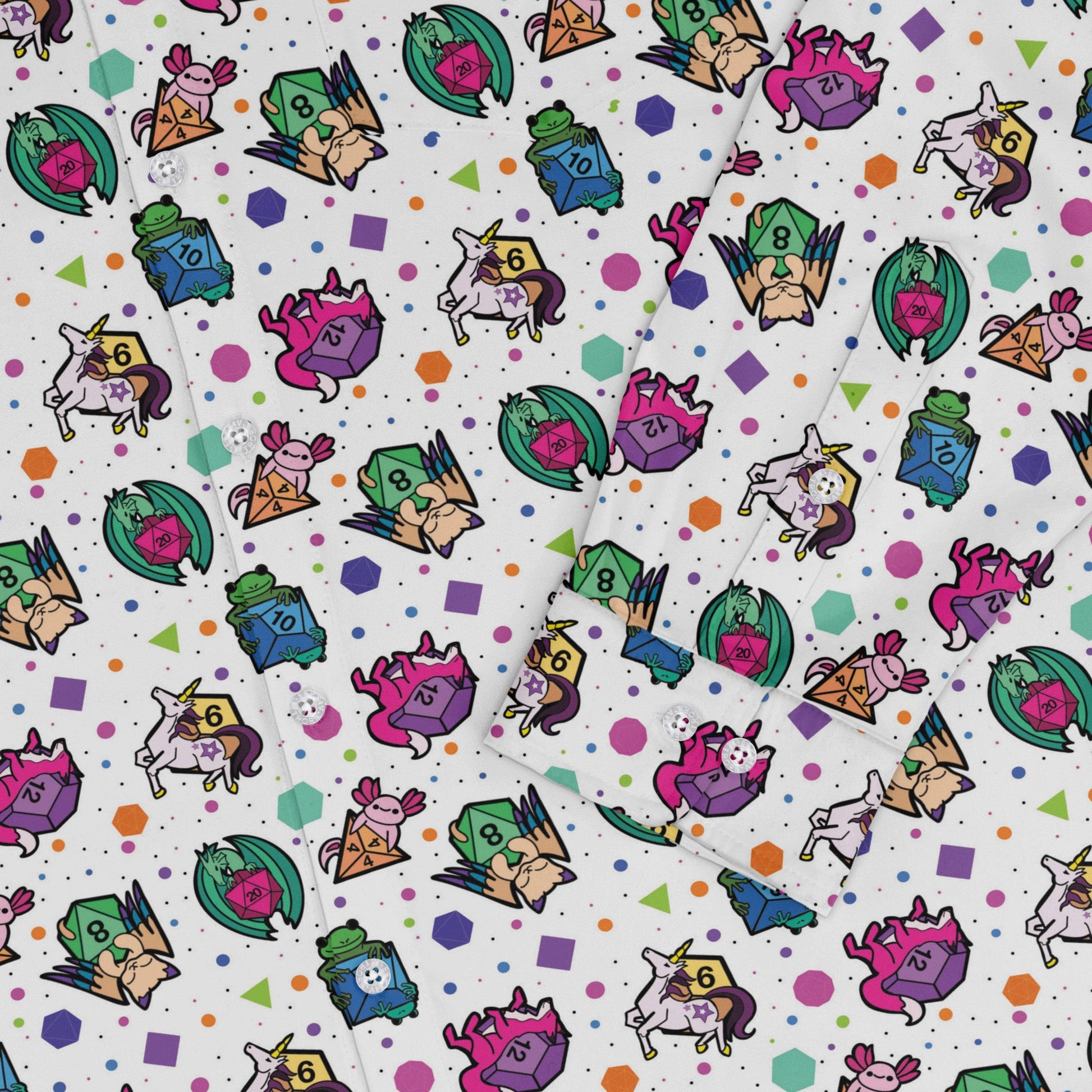 DND Dice Critters Colors Long Sleeve Button Up Shirt Geek Nerd adult sizing Animal Patterns Designed by Rose Khan