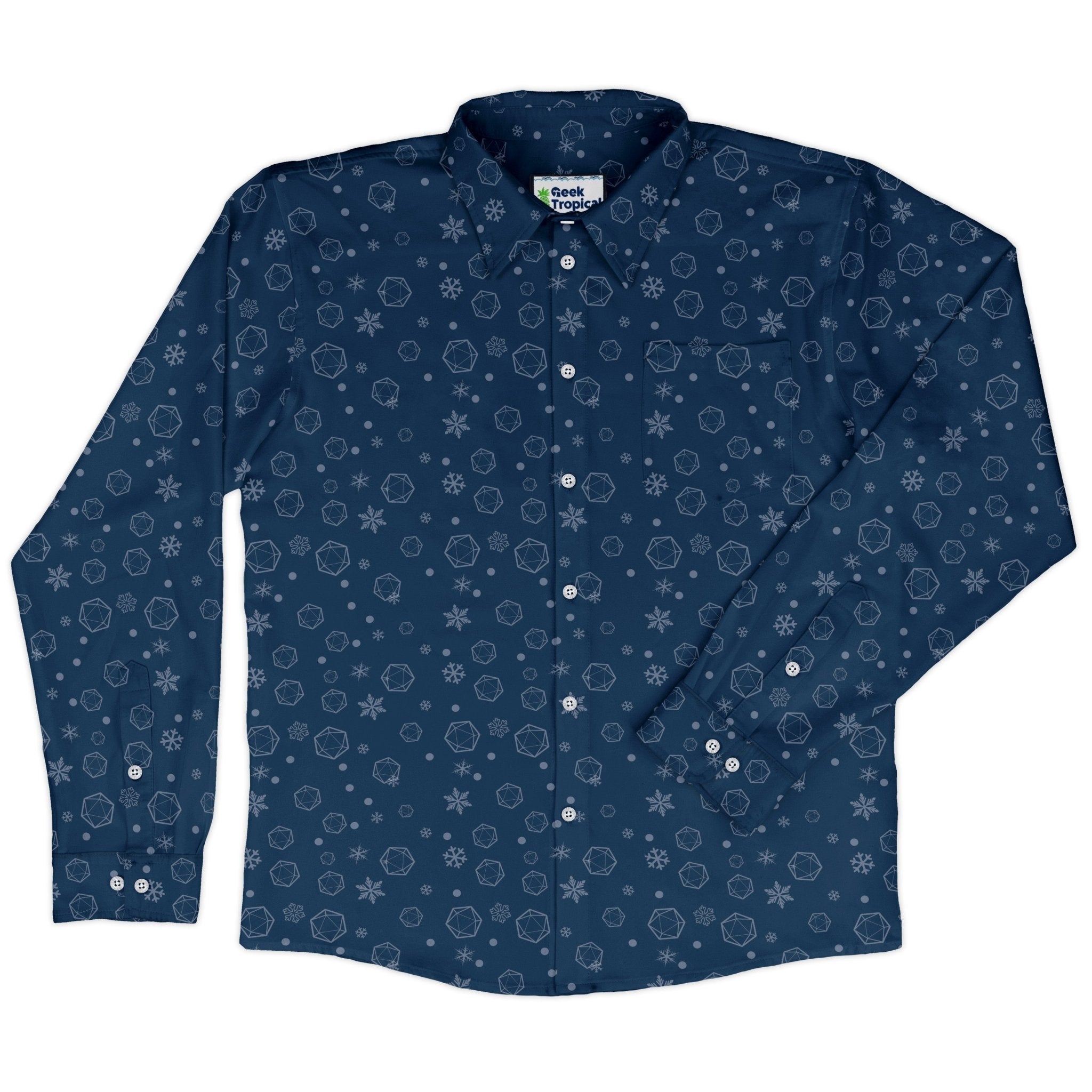 DND Dice Snowflakes Long Sleeve Button Up Shirt Geek Nerd adult sizing Christmas Print dnd & rpg print