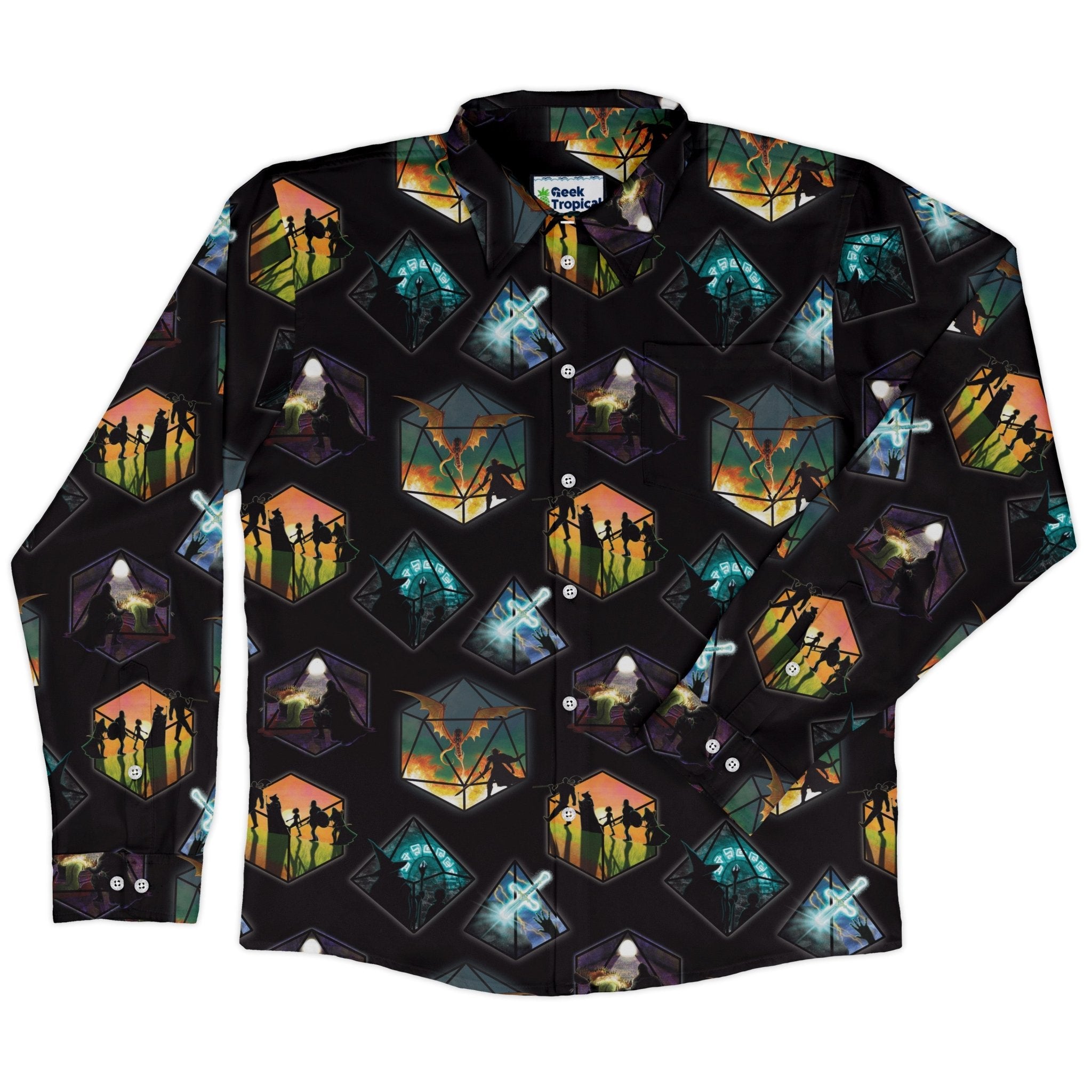 DND Party Campaign Long Sleeve Button Up Shirt Geek Nerd adult sizing Designs by Nathan dnd & rpg print