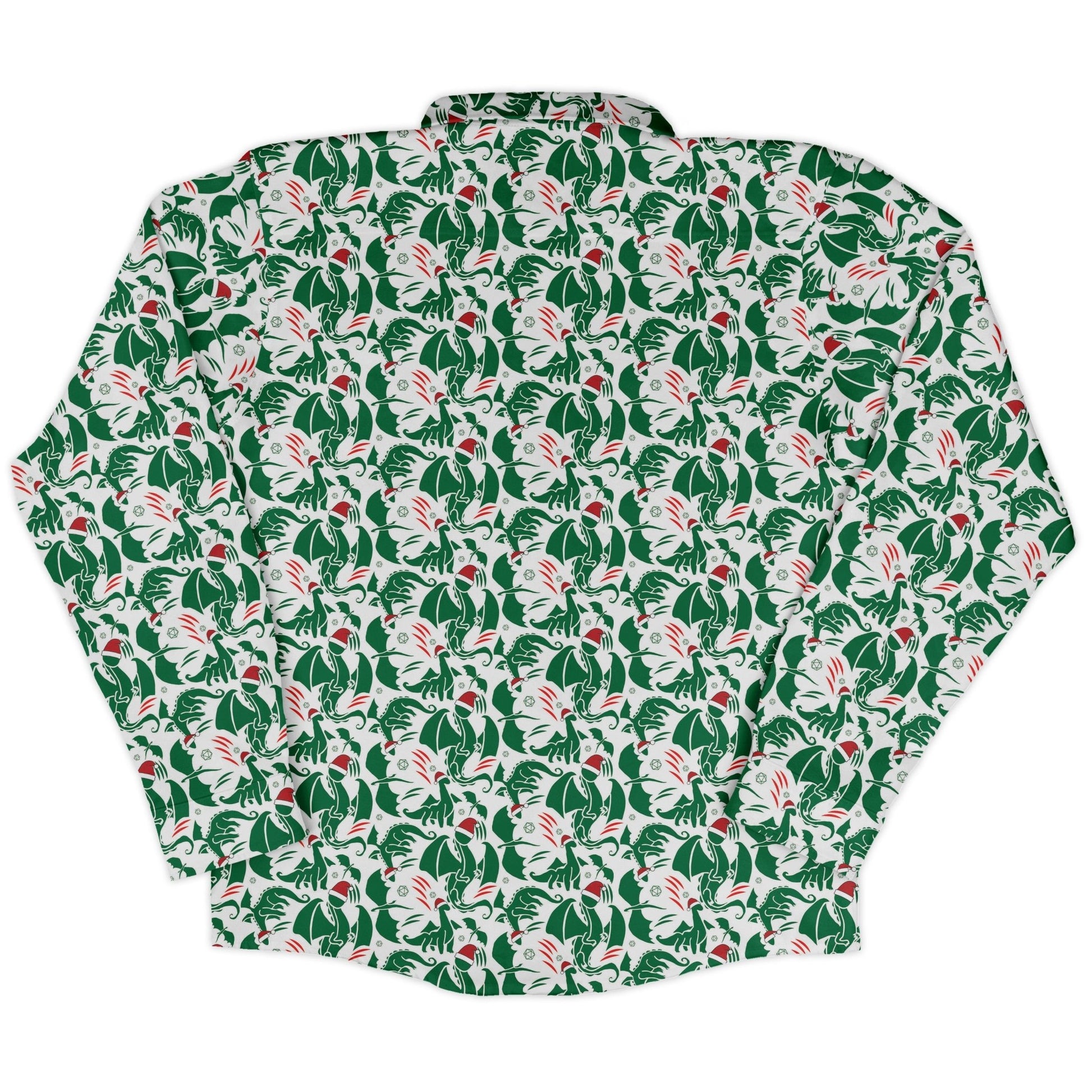 DND Santa Hat Dragons Long Sleeve Button Up Shirt Geek Nerd adult sizing Christmas Print Design by Heather Davenport