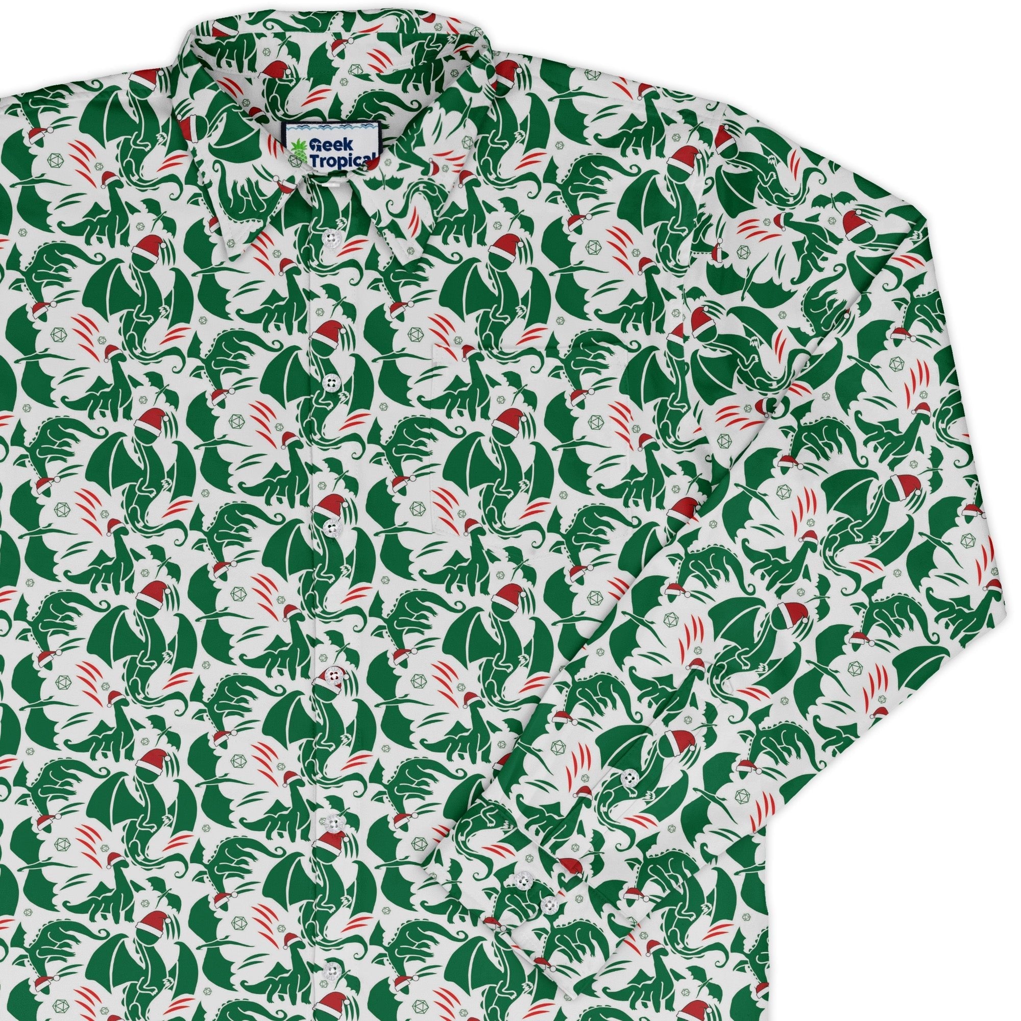 DND Santa Hat Dragons Long Sleeve Button Up Shirt Geek Nerd adult sizing Christmas Print Design by Heather Davenport