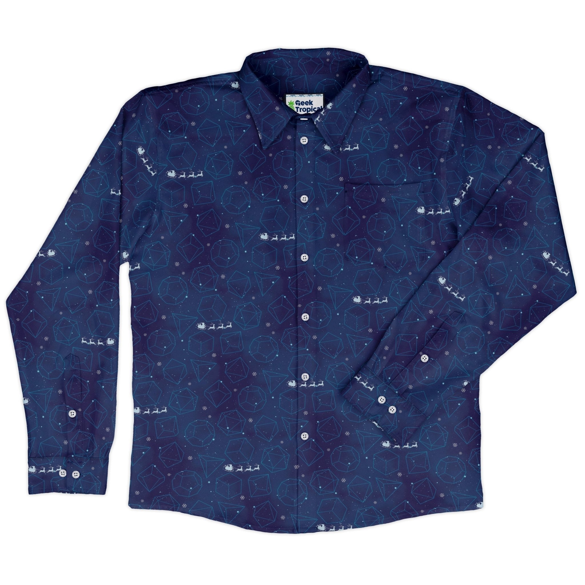 DND Space Dice Holiday Long Sleeve Button Up Shirt Geek Nerd adult sizing Christmas Print dnd & rpg print