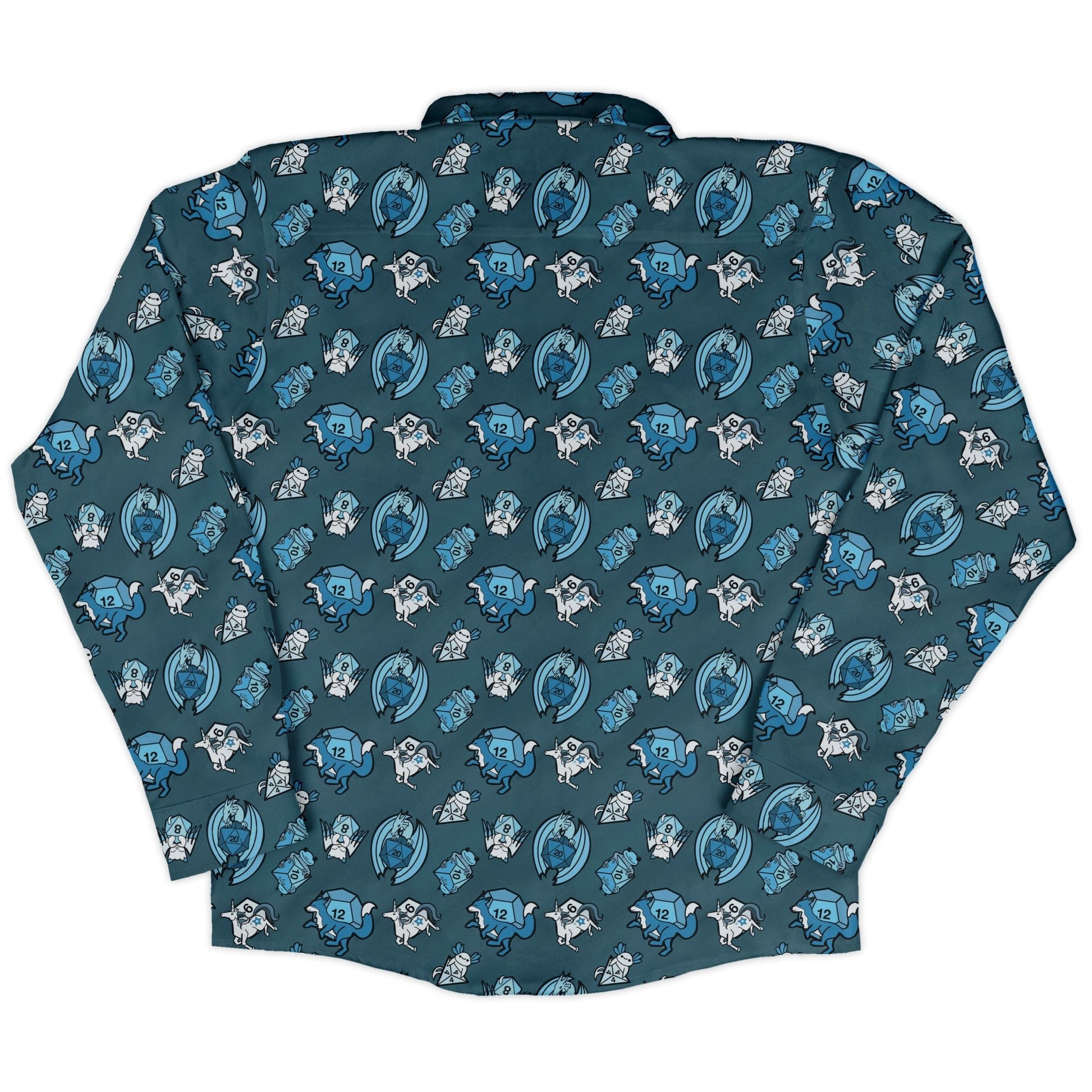 Dice Critters Blue Monochrome Long Sleeve Button Up Shirt Geek Nerd adult sizing Animal Patterns Designed by Rose Khan