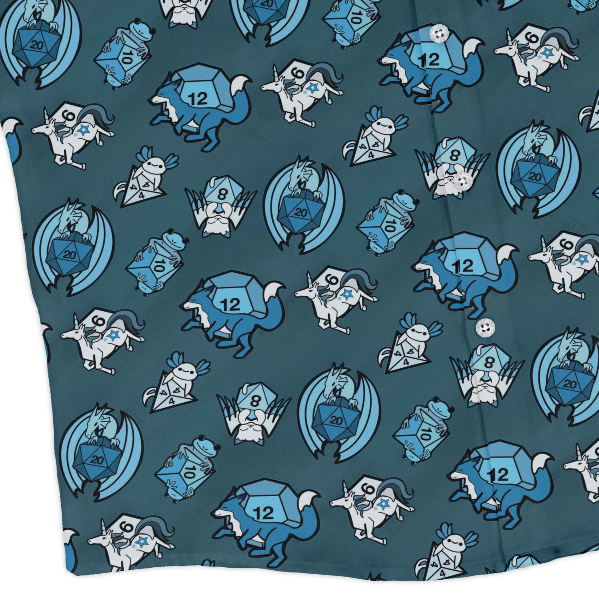 Dice Critters Blue Monochrome Long Sleeve Button Up Shirt Geek Nerd adult sizing Animal Patterns Designed by Rose Khan