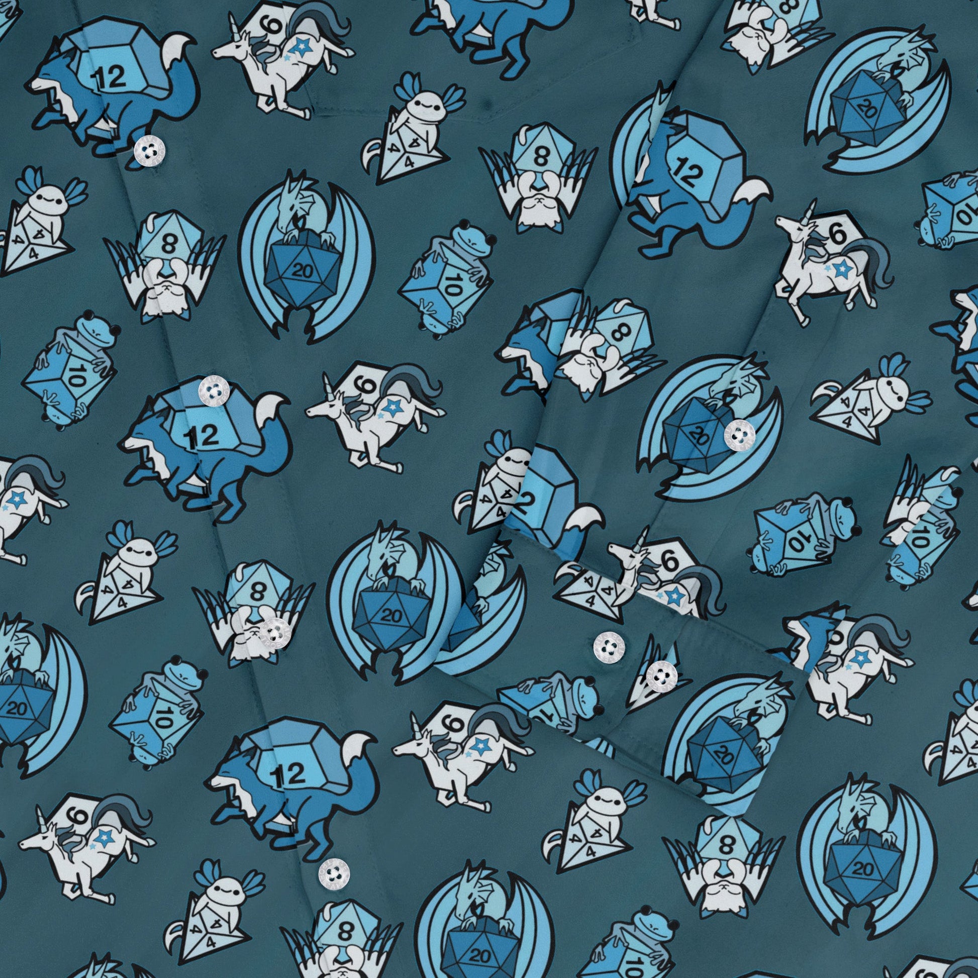 Dice Critters Blue Monochrome Long Sleeve Button Up Shirt Geek Nerd adult sizing Animal Patterns Designed by Rose Khan