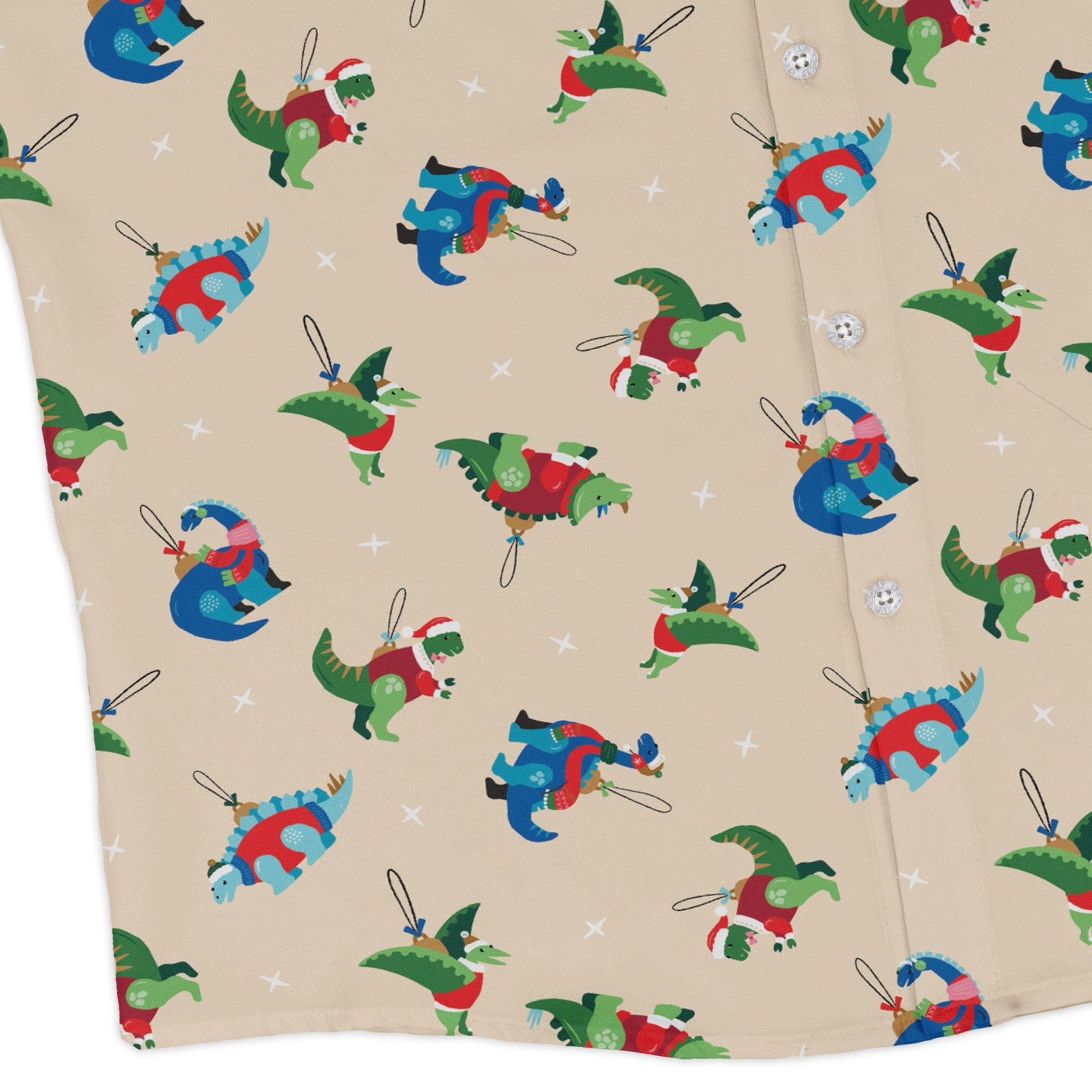 Dinosaur Ornaments Long Sleeve Button Up Shirt Geek Nerd adult sizing christmas print Design by Zirkus Design