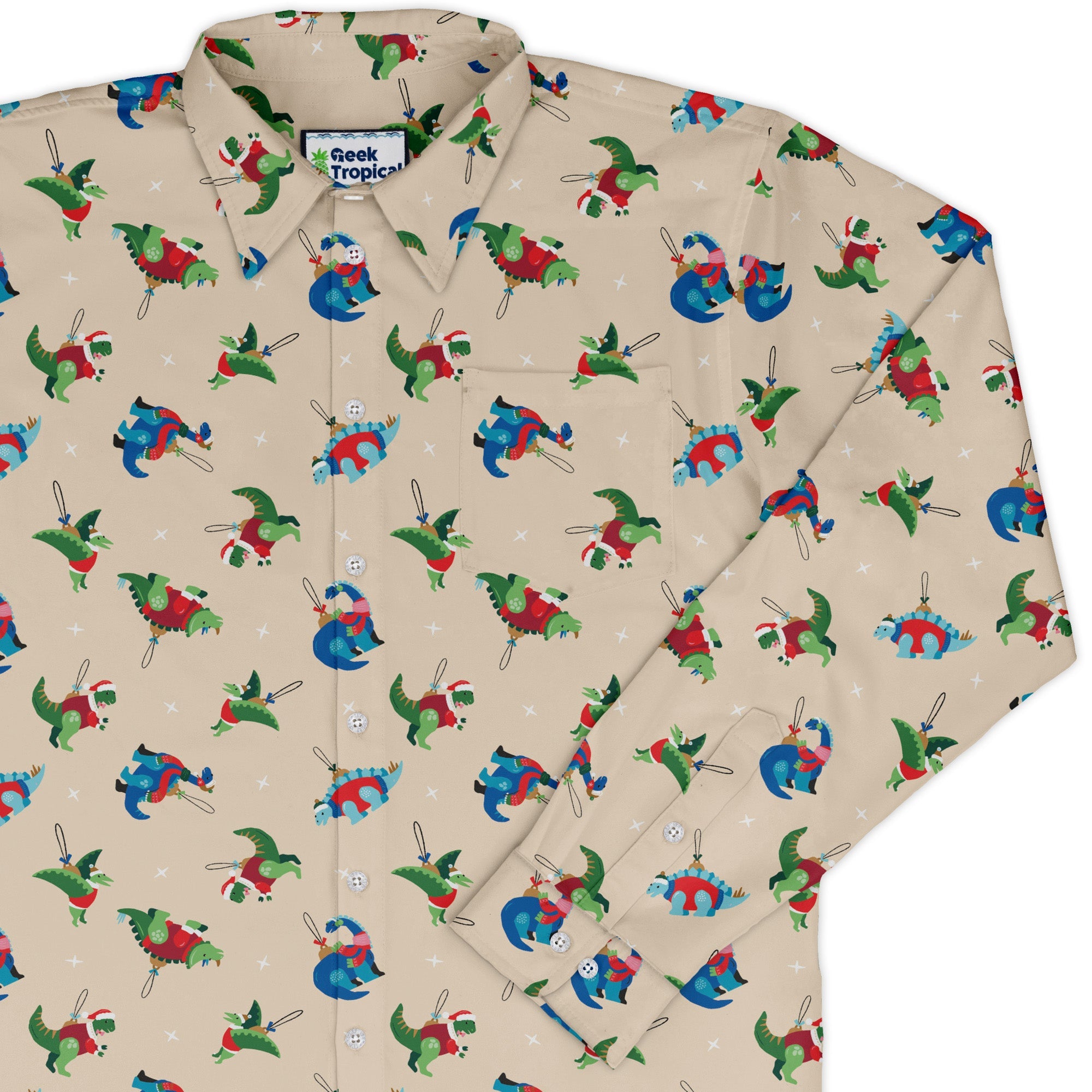 Dinosaur Ornaments Long Sleeve Button Up Shirt Geek Nerd adult sizing christmas print Design by Zirkus Design