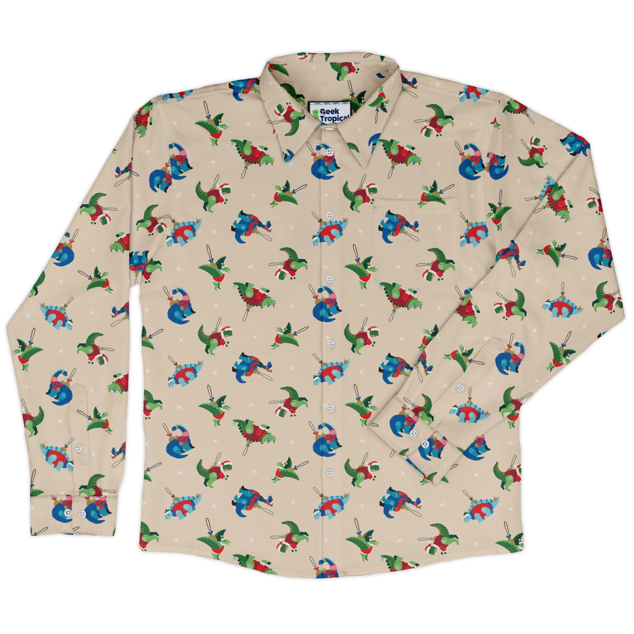 Dinosaur Ornaments Long Sleeve Button Up Shirt Geek Nerd adult sizing christmas print Design by Zirkus Design